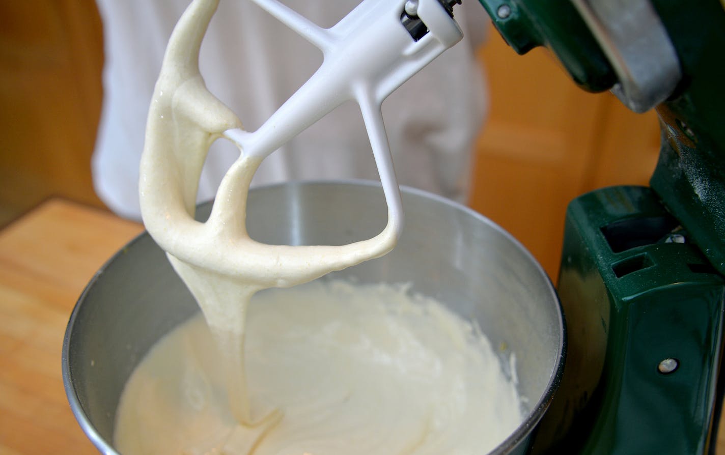 Mix the dry ingredient and egg yolk mixture for four minutes until the mixture ribbons off the mixer blade. ] (SPECIAL TO THE STAR TRIBUNE/BRE McGEE)