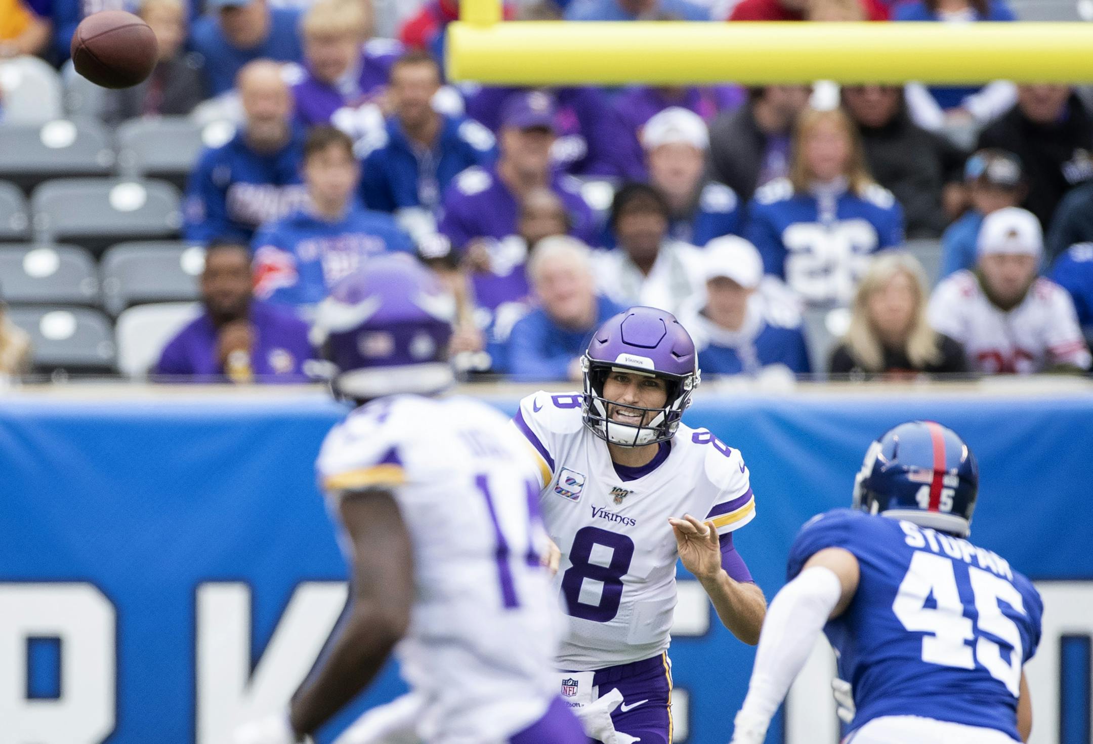 Minnesota Vikings quarterback Kirk Cousins (8) attempted a pass in the first quarter. ] CARLOS GONZALEZ • cgonzalez@startribune.com – East Rutherford, NJ – October 2, 2019, MetLife Stadium, NFL, Minnesota Vikings vs. New York Giants