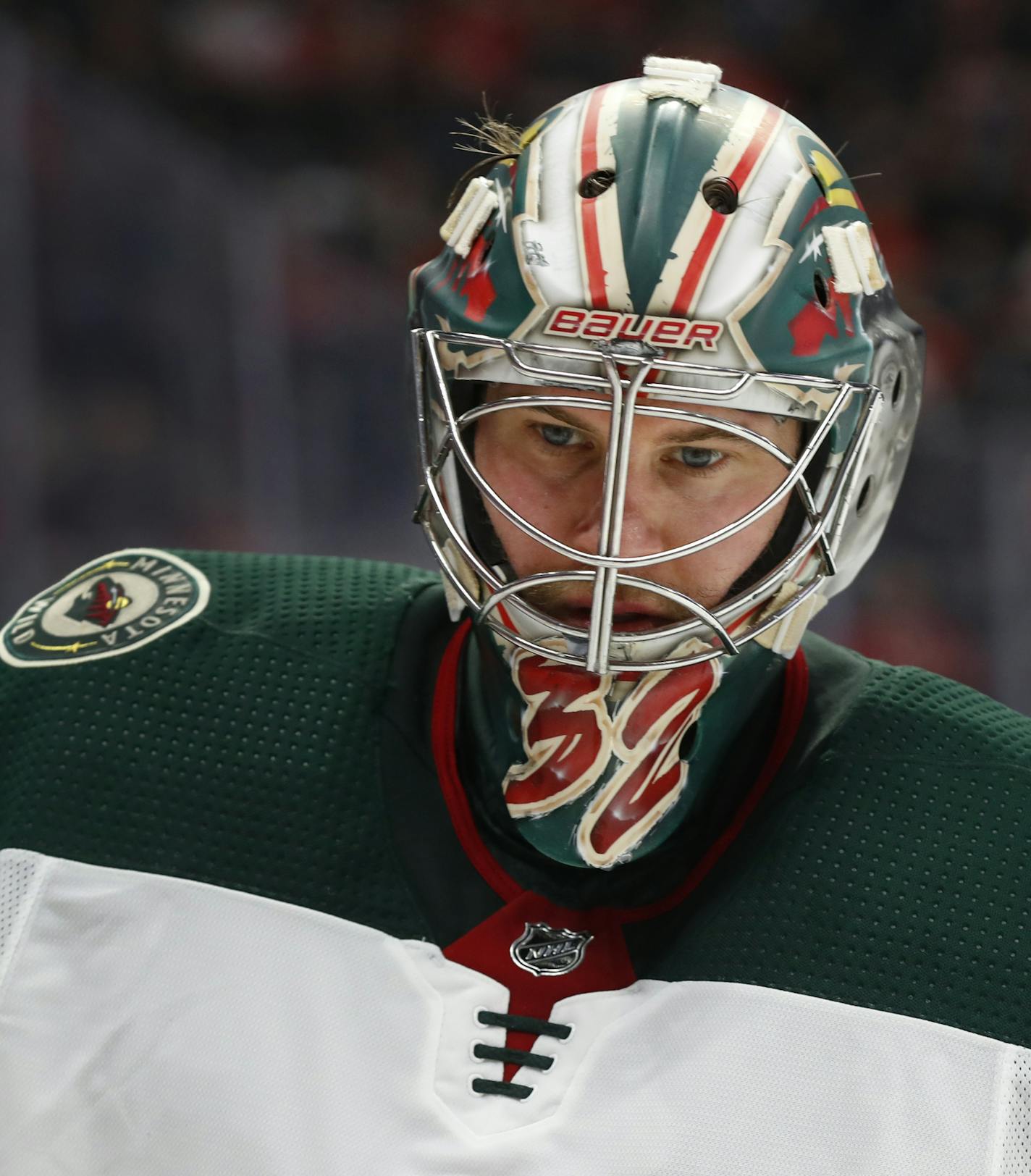 Minnesota Wild goaltender Alex Stalock (32) plays against the Detroit Red Wings in the second period of an NHL hockey game Thursday, Feb. 27, 2020, in Detroit. (AP Photo/Paul Sancya) ORG XMIT: MIPS10