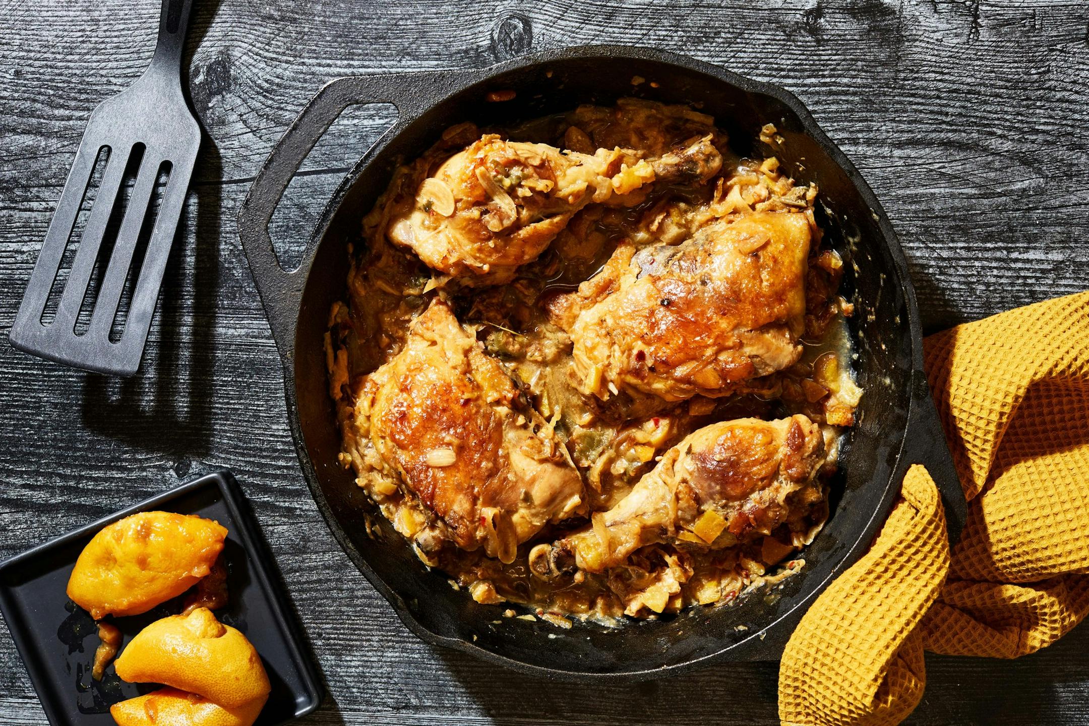 Chicken With White Wine, Roasted Lemons and Capers.