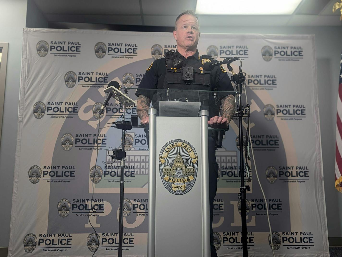 St. Paul Police Chief Axel Henry briefs media after a violent weekend of three shootings and a stabbing.