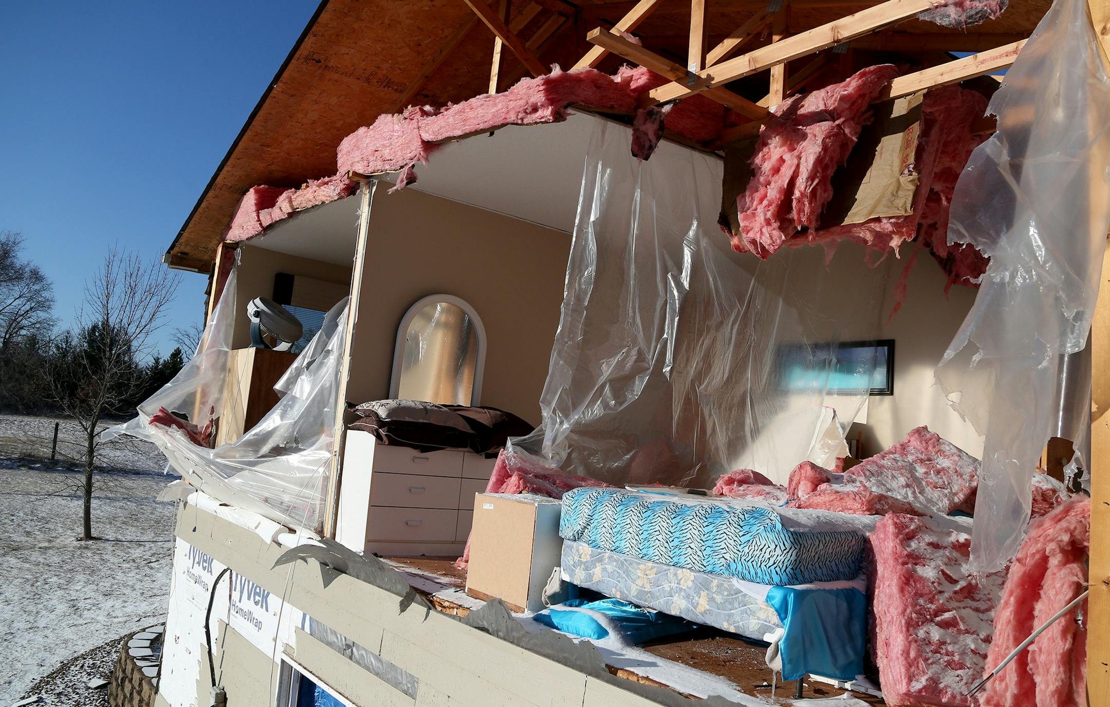 The entire side of a house was blown off during a storm Monday evening and seen Tuesday, March 7, 2017, in Orrock Township near Zimmerman, MN] DAVID JOLES &#xef; david.joles@startribune.com A tornado may have touched down in Zimmerman, Minnesota at approx. 6 pm on Monday. If confirmed, it will be the earliest tornado in Minnesota history. ORG XMIT: MIN1703070952590020