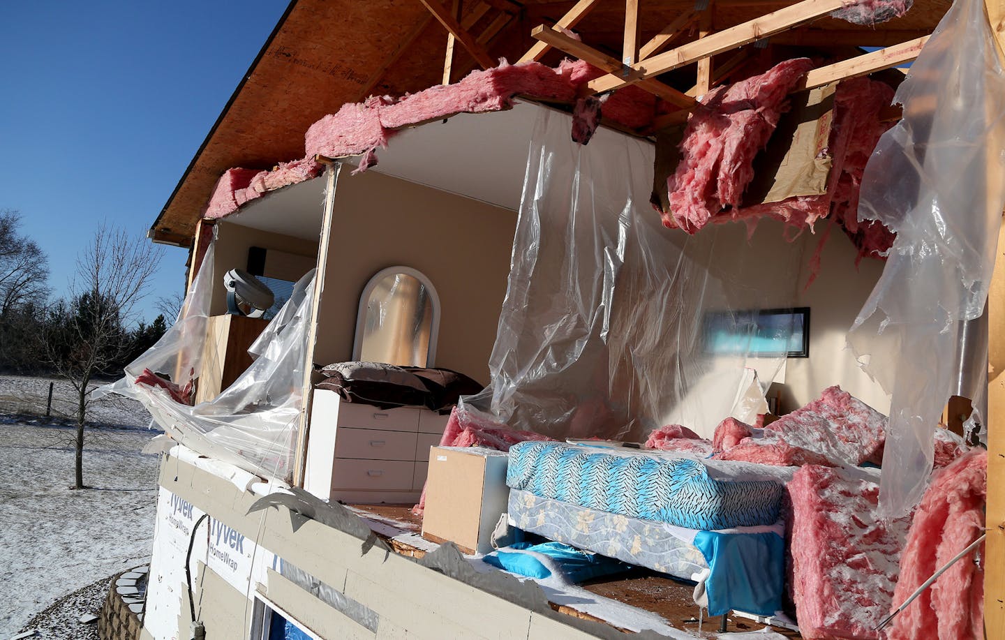 The entire side of a house was blown off during a storm Monday evening and seen Tuesday, March 7, 2017, in Orrock Township near Zimmerman, MN] DAVID JOLES &#xef; david.joles@startribune.com A tornado may have touched down in Zimmerman, Minnesota at approx. 6 pm on Monday. If confirmed, it will be the earliest tornado in Minnesota history. ORG XMIT: MIN1703070952590020