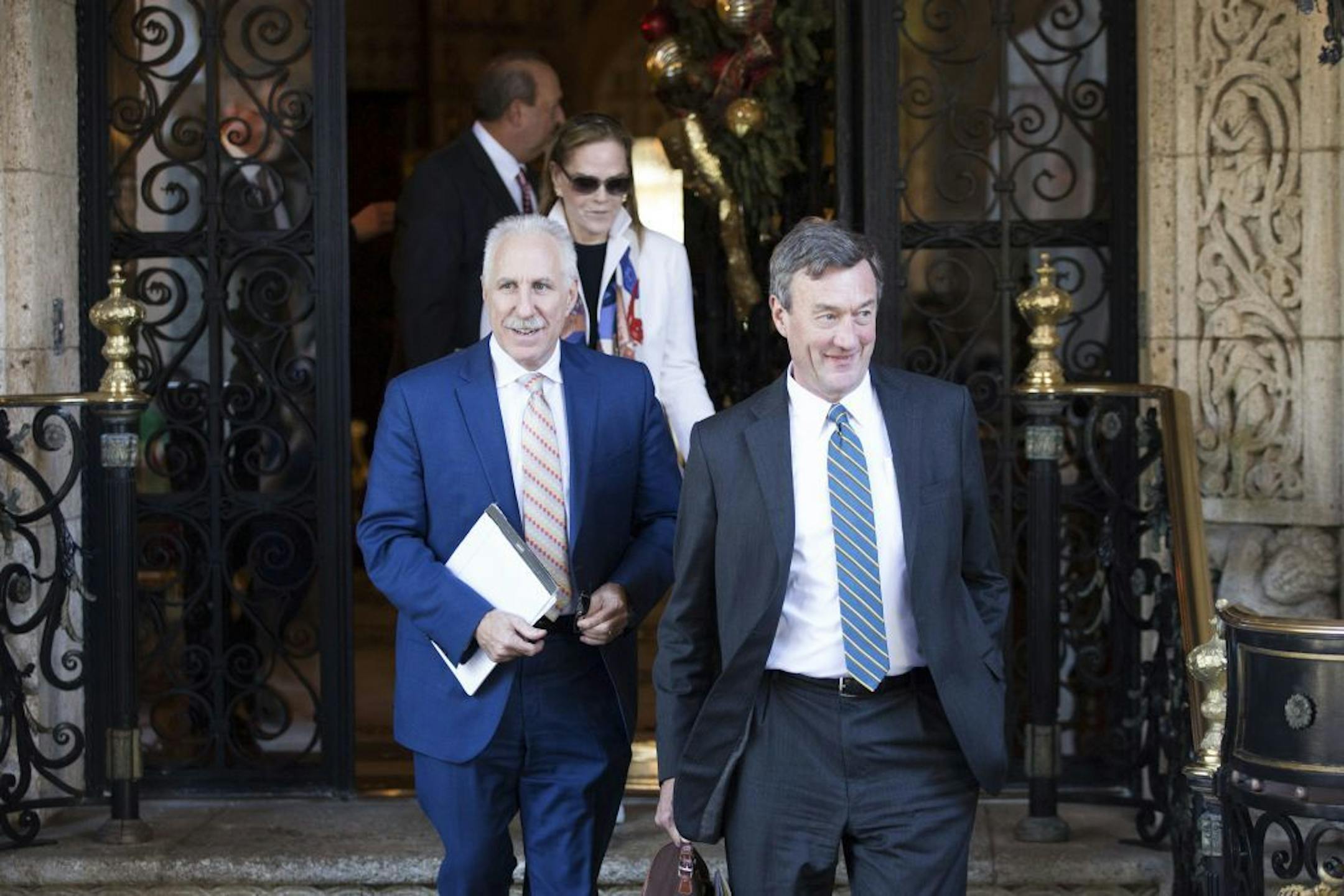 John Noseworthy, right, chief executive of the Mayo Clinic, and Paul Rothman, chief executive of Johns Hopkins Medicine, after a meeting with President-elect Donald Trump at the Mar-a-Lago resort in Palm Beach, Fla., Dec. 28, 2016.