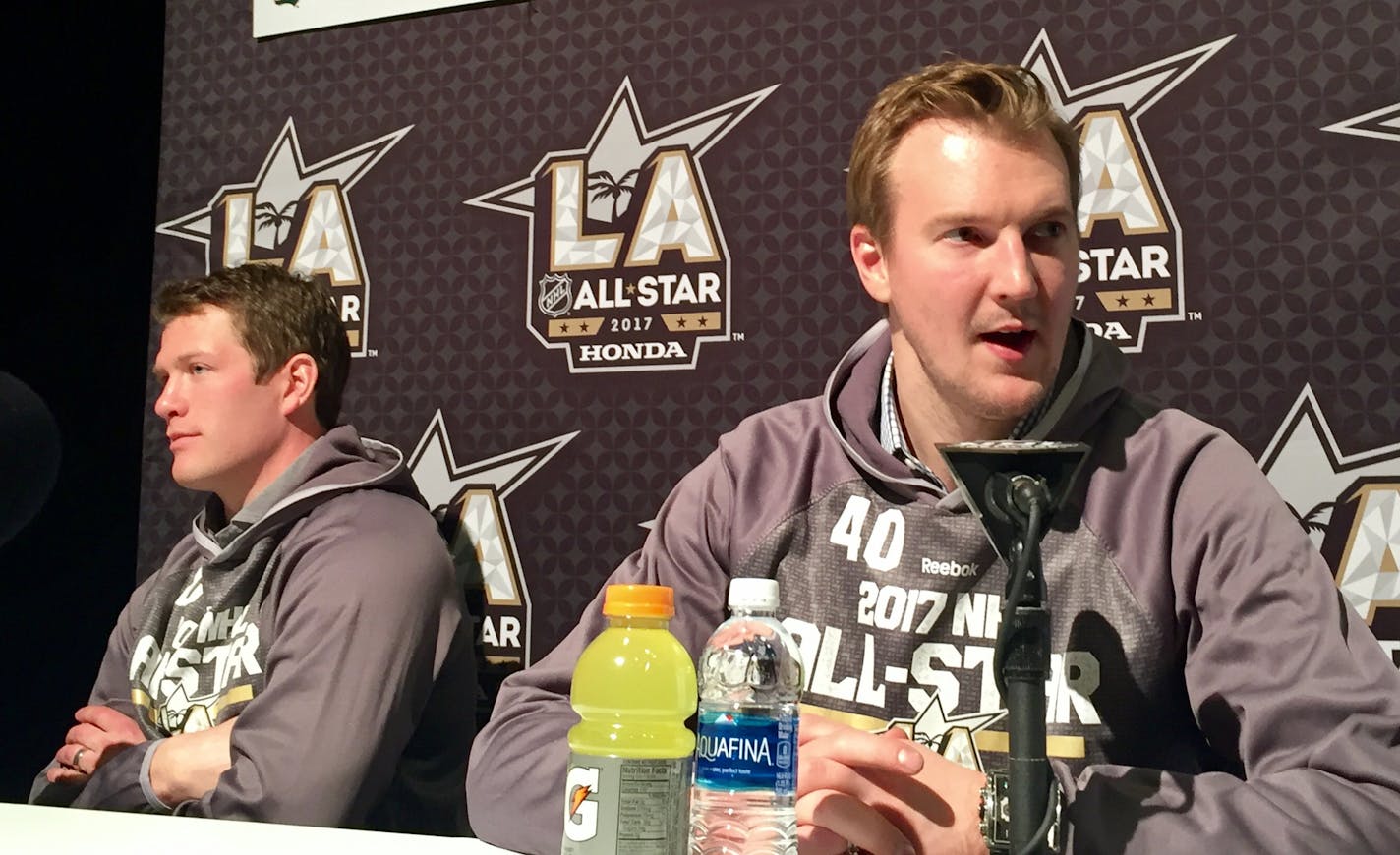 Wild teammated Devan Dubnyk (right) and Ryan Suter (left) take questions from the media as part of the 2017 NHL All-Star Weekend festivities in Los Angeles. Photo by Micheal Russo.