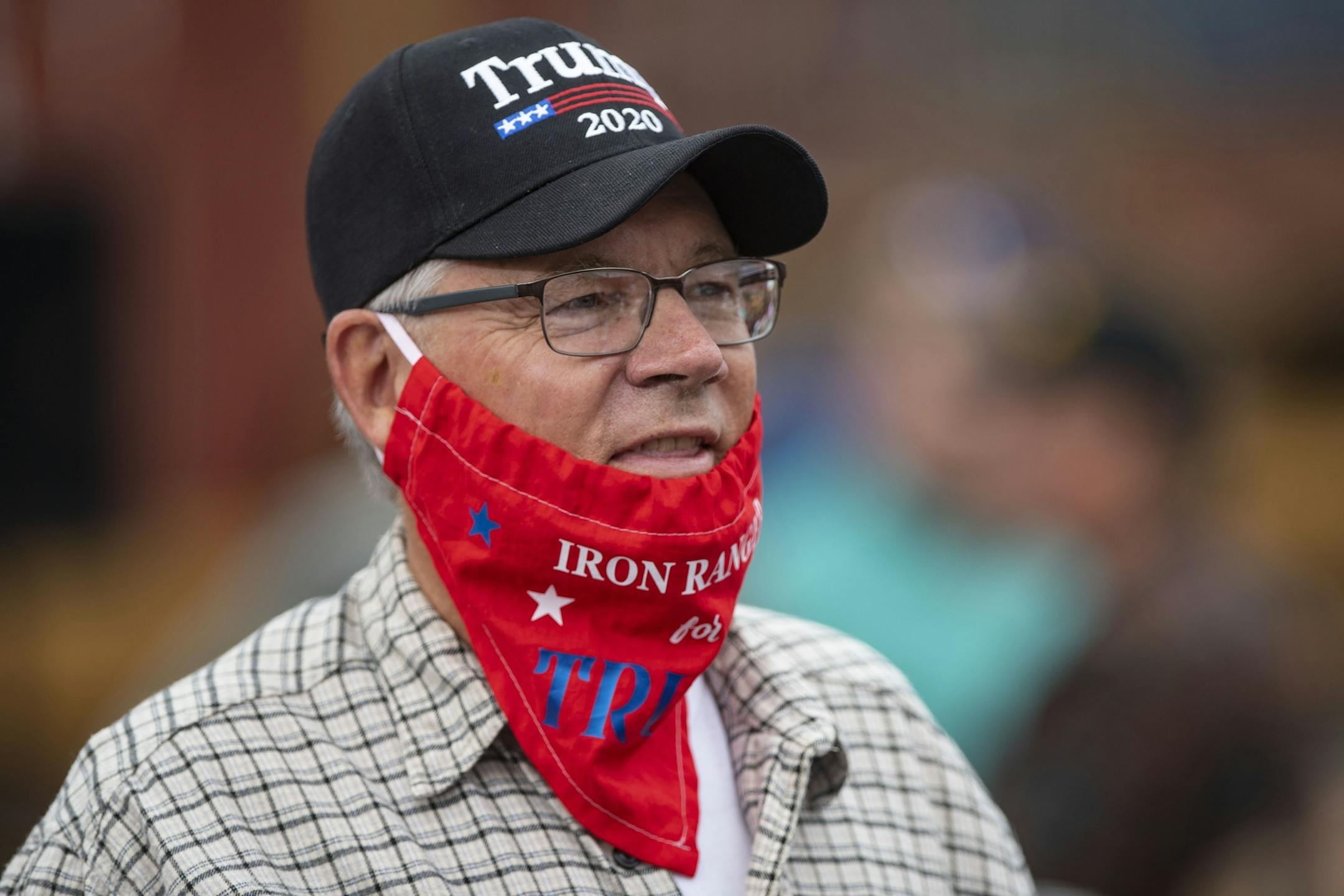 A Trump supporter donned an "Iron Range for Trump" face covering at Mike Pence's campaign event on Friday in Duluth.