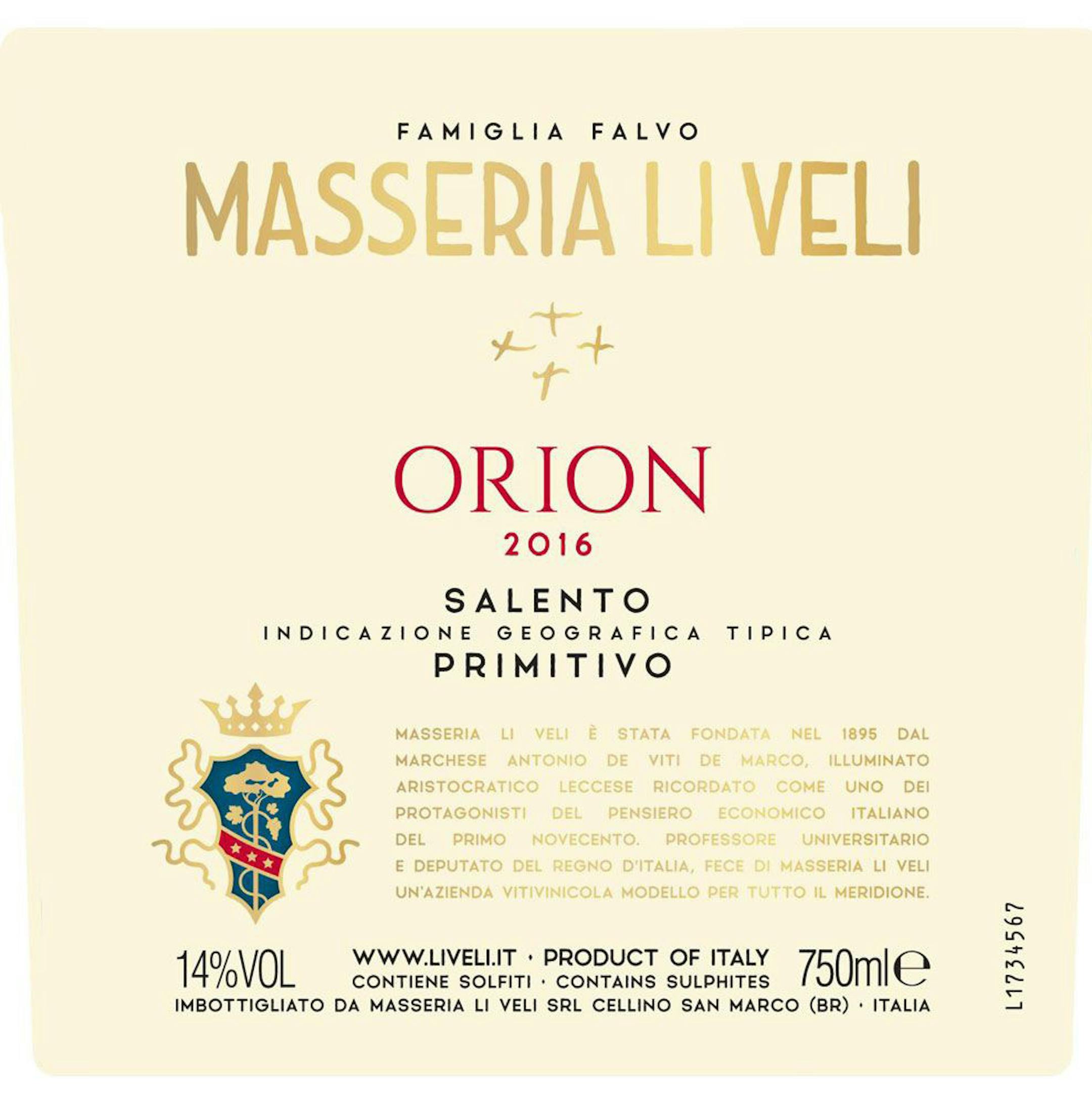 Label for Masseria Li Veli Orion Primitivo Salento 2016