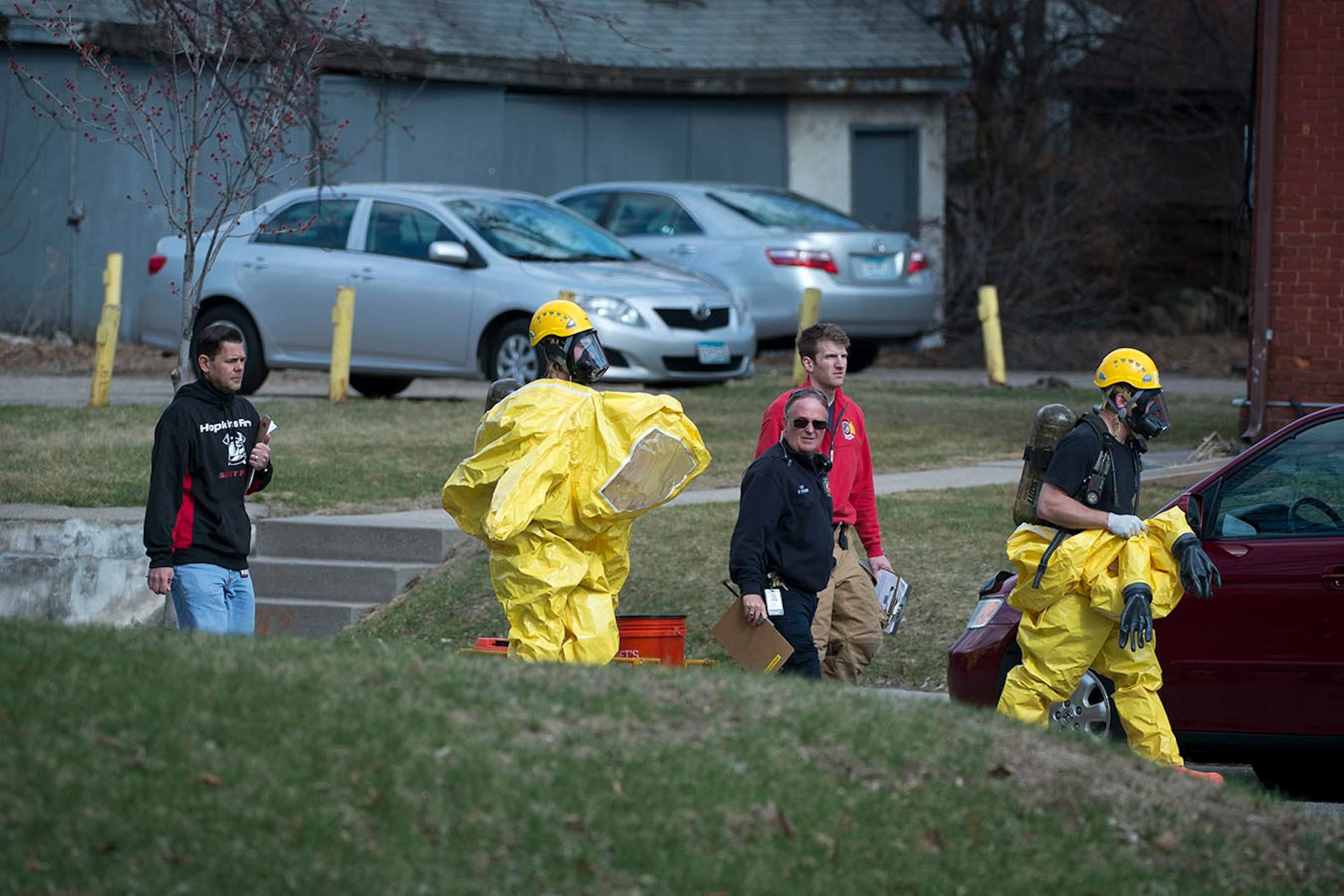 Hazardous material workers arrive on the scene of a chemical scare in the Marcy Holmes neighborhood.