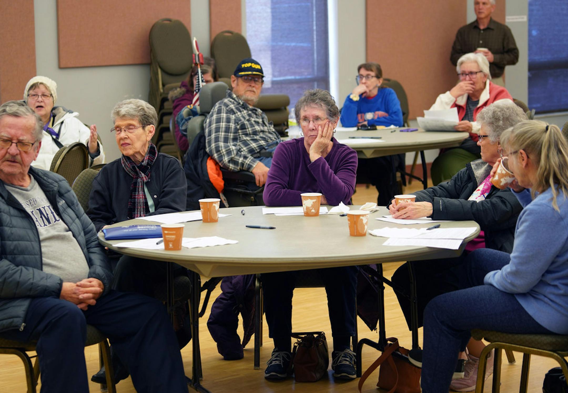 About 25 Farmington residents met at the Rambling River Center Tuesday to find out how to shop online for groceries. Family Fresh Market, Farmington's only grocery store, will close this month.