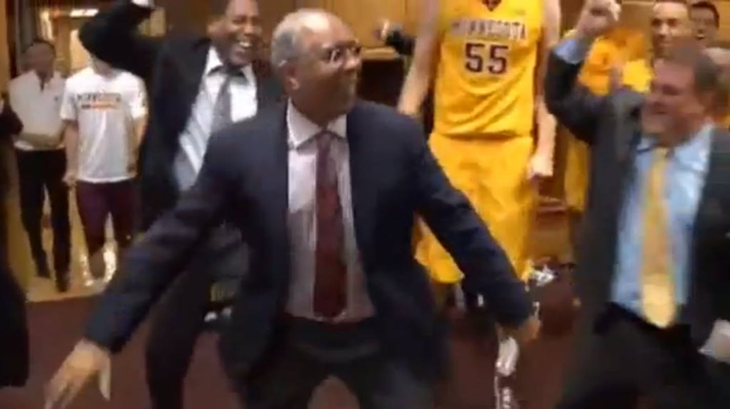 Screen shot from YouTube video of Gophers basketball coach Tubby Smith dancing after Thursday's victory over Wisconsin.