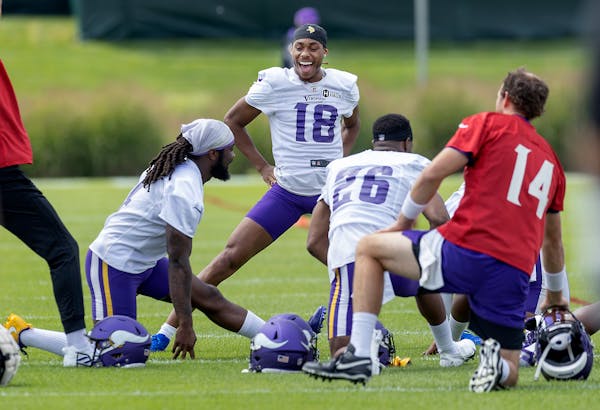 Vikings wide receiver Justin Jefferson takes to the field for the first practice of Vikings training camp at the TCO Performance Center in Eagan.