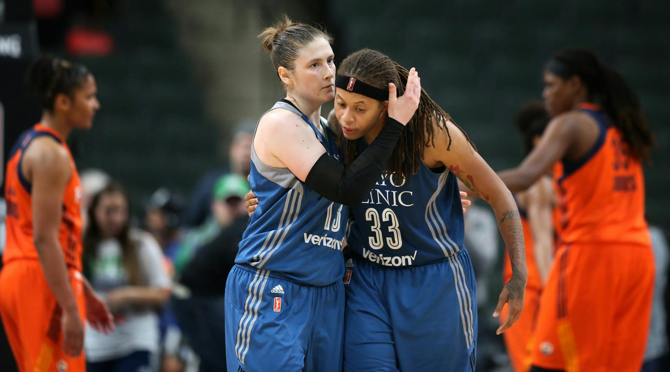 Minnesota Lynx guard Lindsay Whalen (13) left and Seimone Augustus (33) celebrated a 80- 78 win over Connecticut at Xcel Energy Center May 22, 2017 in St. Paul, MN.