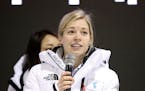 Sarah Murray, one of the coaches of the combined Koreas team answers a reporter's question after the practice match between the combined Koreas team a