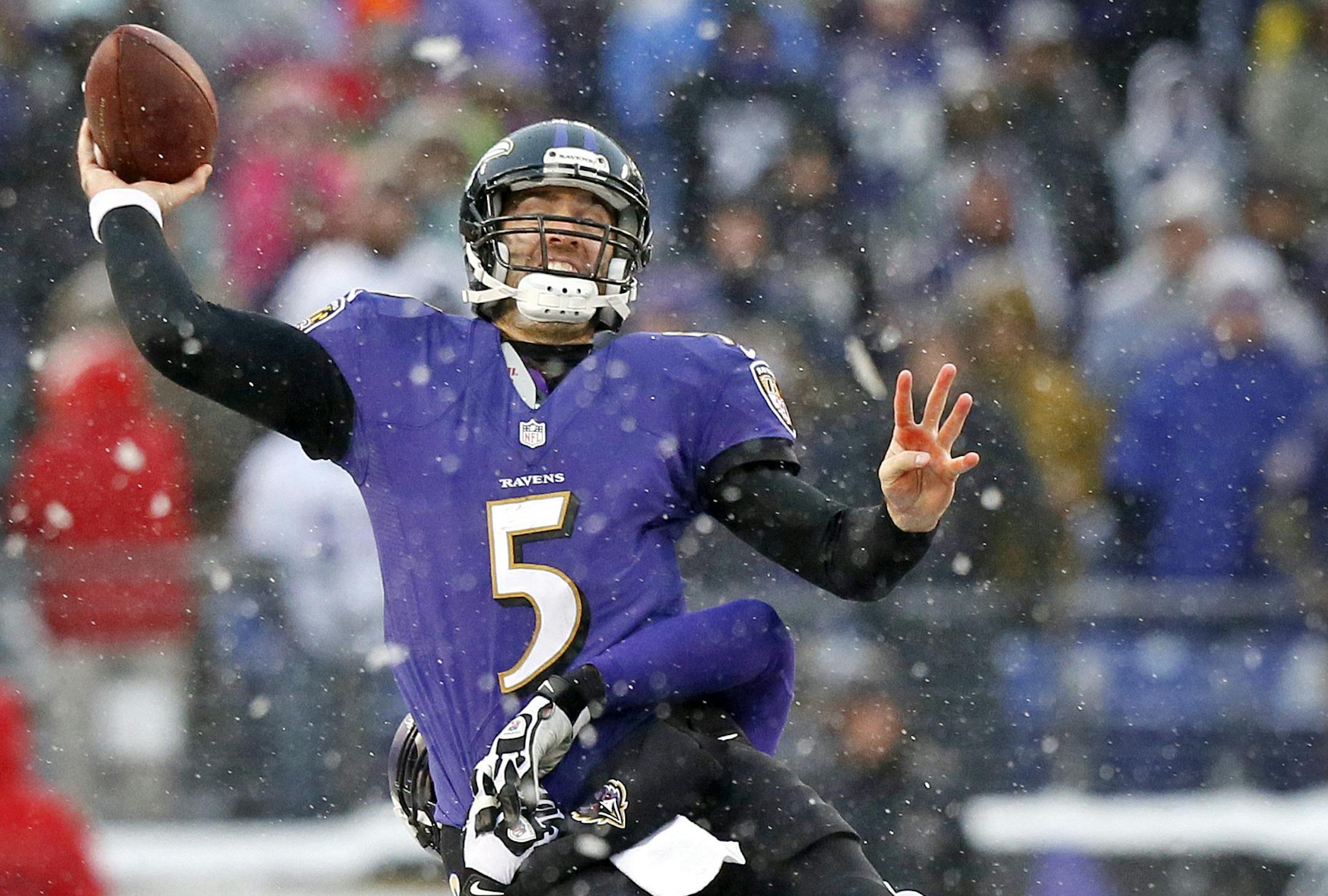Jared Allen hit Joe Flacco hard on a 4th and 2 in the 3rd quarter, forcing an incomplete pass and giveing the Vikings the ball with good field position. ] M&T BANK STADIUM - Minnesota Vikings -vs- Baltimore Ravens Baltimore, MD 12/08//2013