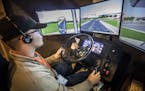 Cody Pinkerton leaned how to shift a sixth speed truck on a simulator at Interstate Driving School Thursday August 30, 2018 in South St. Paul, MN.