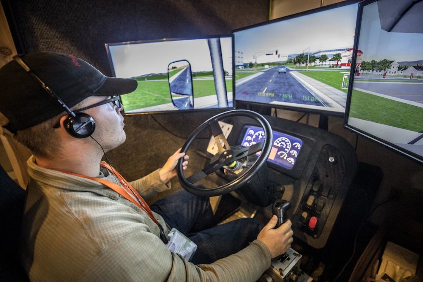 Cody Pinkerton leaned how to shift a sixth speed truck on a simulator at Interstate Driving School Thursday August 30, 2018 in South St. Paul, MN.