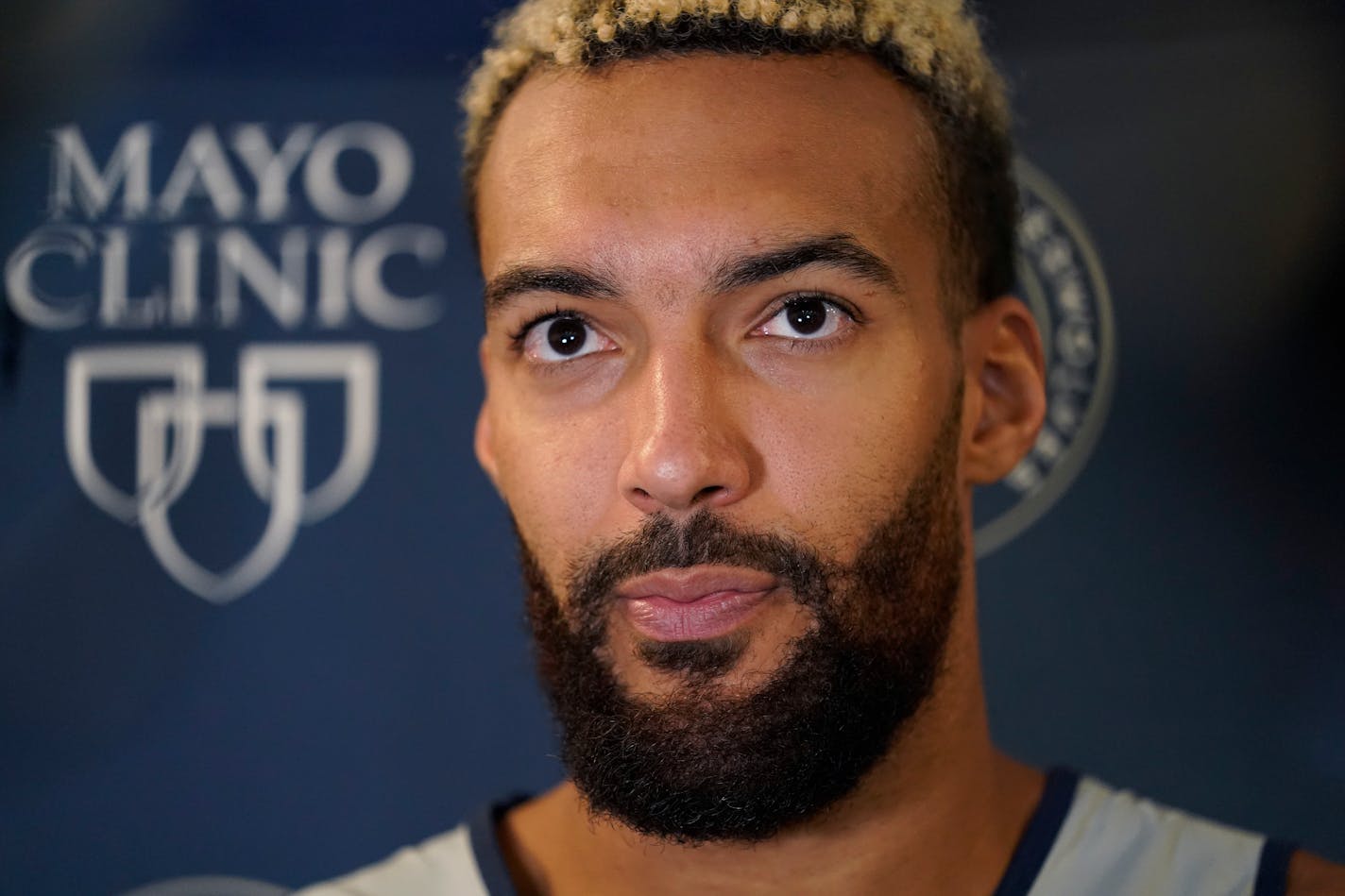 Minnesota Timberwolves center Rudy Gobert speaks to the media during the NBA basketball team's training camp, Tuesday, Sept. 27, 2022, in Minneapolis. (AP Photo/Abbie Parr) ORG XMIT: MER53f0649404dfea5924616eb471290