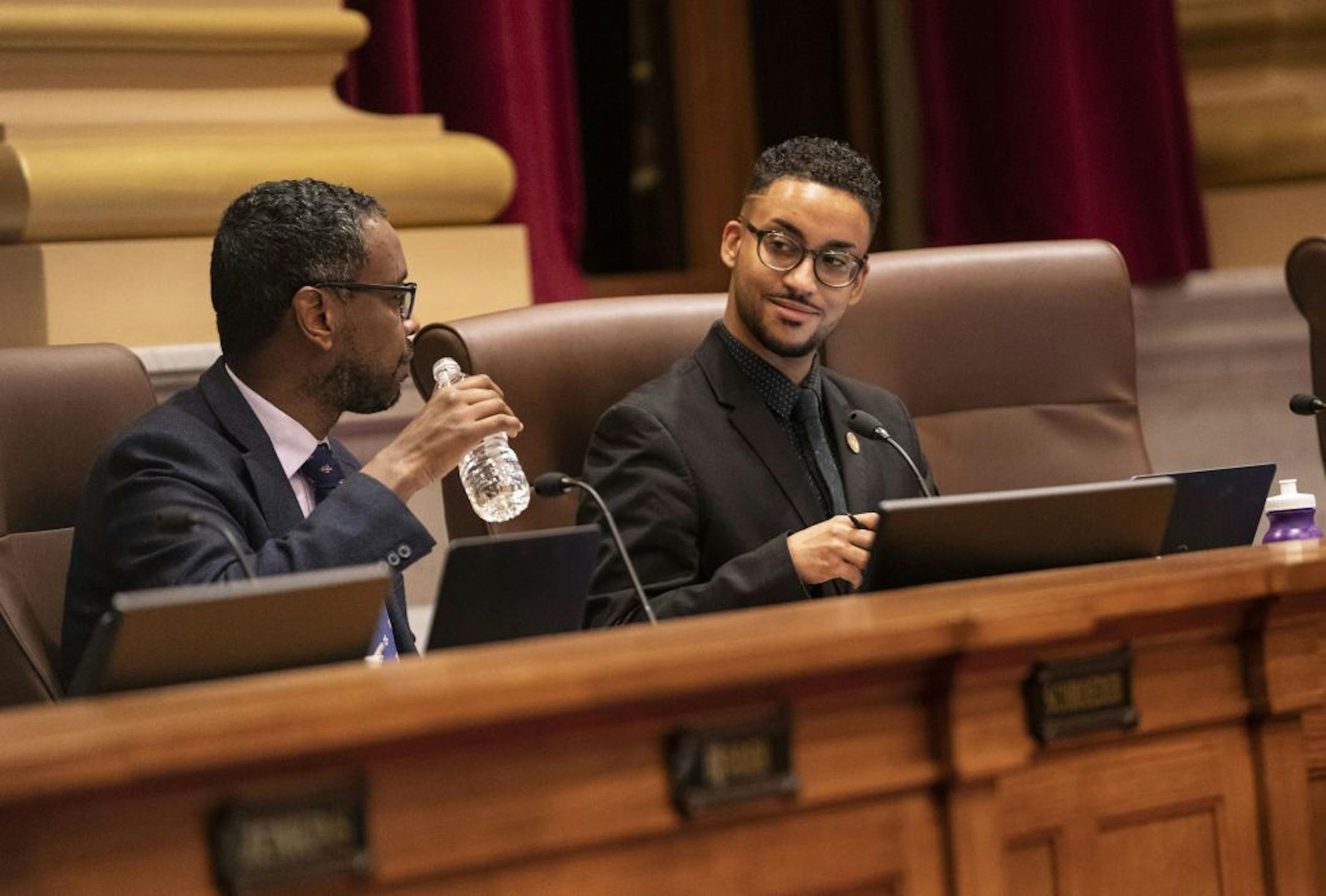 Council member Phillipe Cunningham reacted to being mentioned in a commentators speech saying he tweeted insensitively about opponents of the 2040 Comprehensive Plan during a public hearing on at City Hall in Minneapolis, Minn., on Wednesday, November 14, 2018.