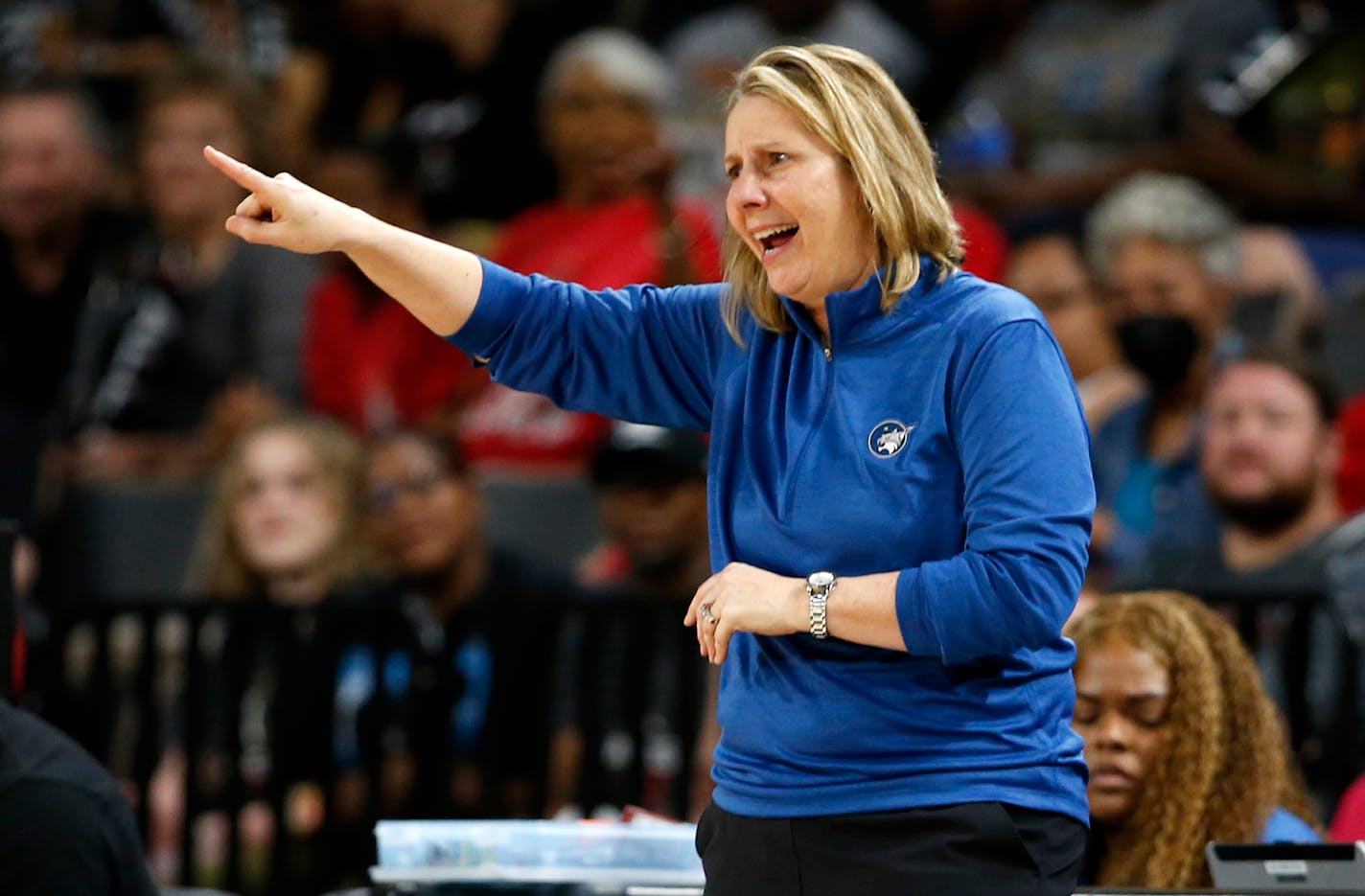 Lynx coach Cheryl Reeve calls out to players during the team's game against the Las Vegas Aces on Thursday