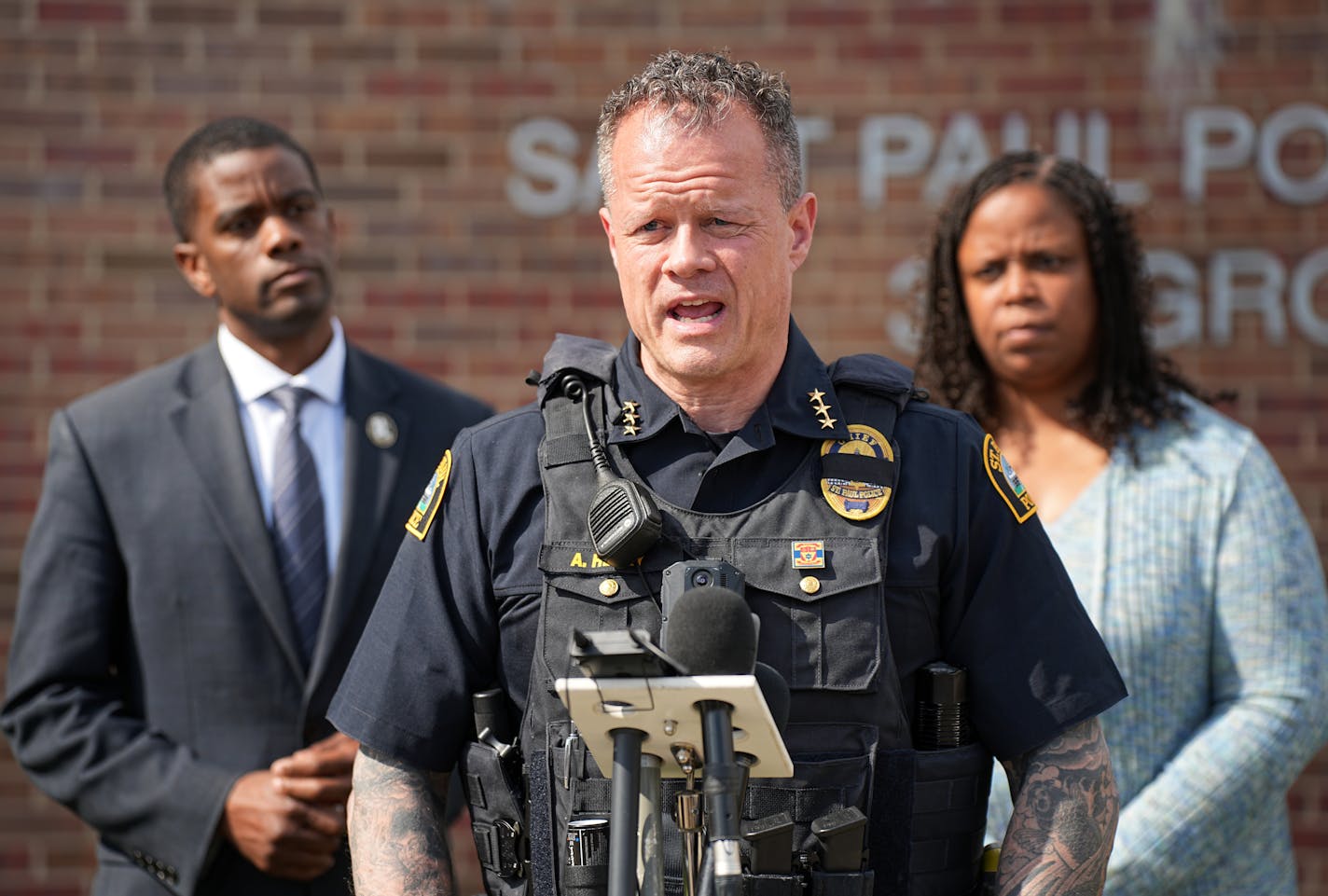 St. Paul Police Chief Axel Henry announced an arrest in the homicide investigation of Michael Brasel. Brasel was fatally shot as he tried to stop the theft of a vehicle in a St. Paul neighborhood. Wednesday, May 10, 2023 in St. Paul, Minn. ] Brian Peterson ¥ brian.peterson@startribune.com