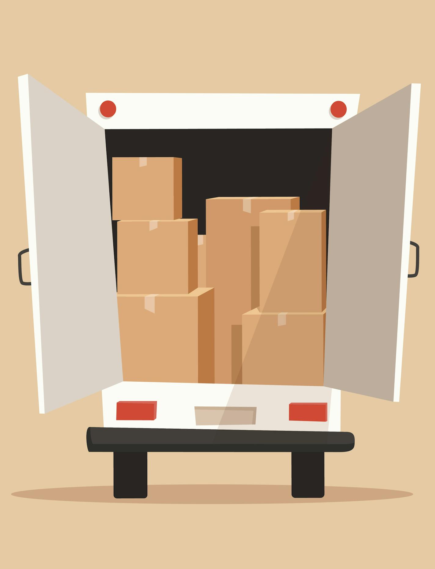 Moving with boxes. Boxes with things. Transport company. Service. Moving van. Cartoon vector illustration