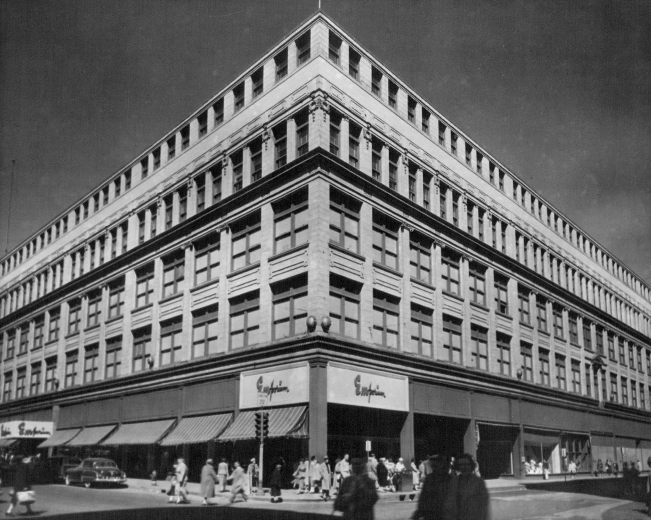 New face Picture above shows how the Emporium, St. Paul department stori7 looked before completion of a million-dollar remodel¬≠ing of its exterior. Picture at right shows the result. The top four stories have been faced with beige aluminum plating. The first-floor facade has been trimmed in brown marble and 10 display windows added. In 1949 the store at 7th and Robert streets spent two million dollars | remodeling the interior and installing escalators. The 57-year-old firm has year