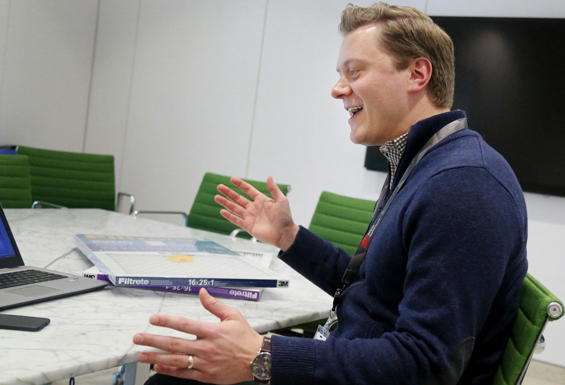 3M's new bluetooth Filtrete Smart Filter and Smart app will be on the market sometime in spring 2018. Here, Patrick Hiner, 3M New Product Marking manager, filtering talks about the new product from 3M Thursday, Jan. 4, 2018, in Maplewood, MN.] DAVID JOLES ï david.joles@startribune.com 3M introduces new "smart" or bluetooth air filter for the home. New technology expected to automate some aspect of air filtration process.**Patrick Hiner,cq