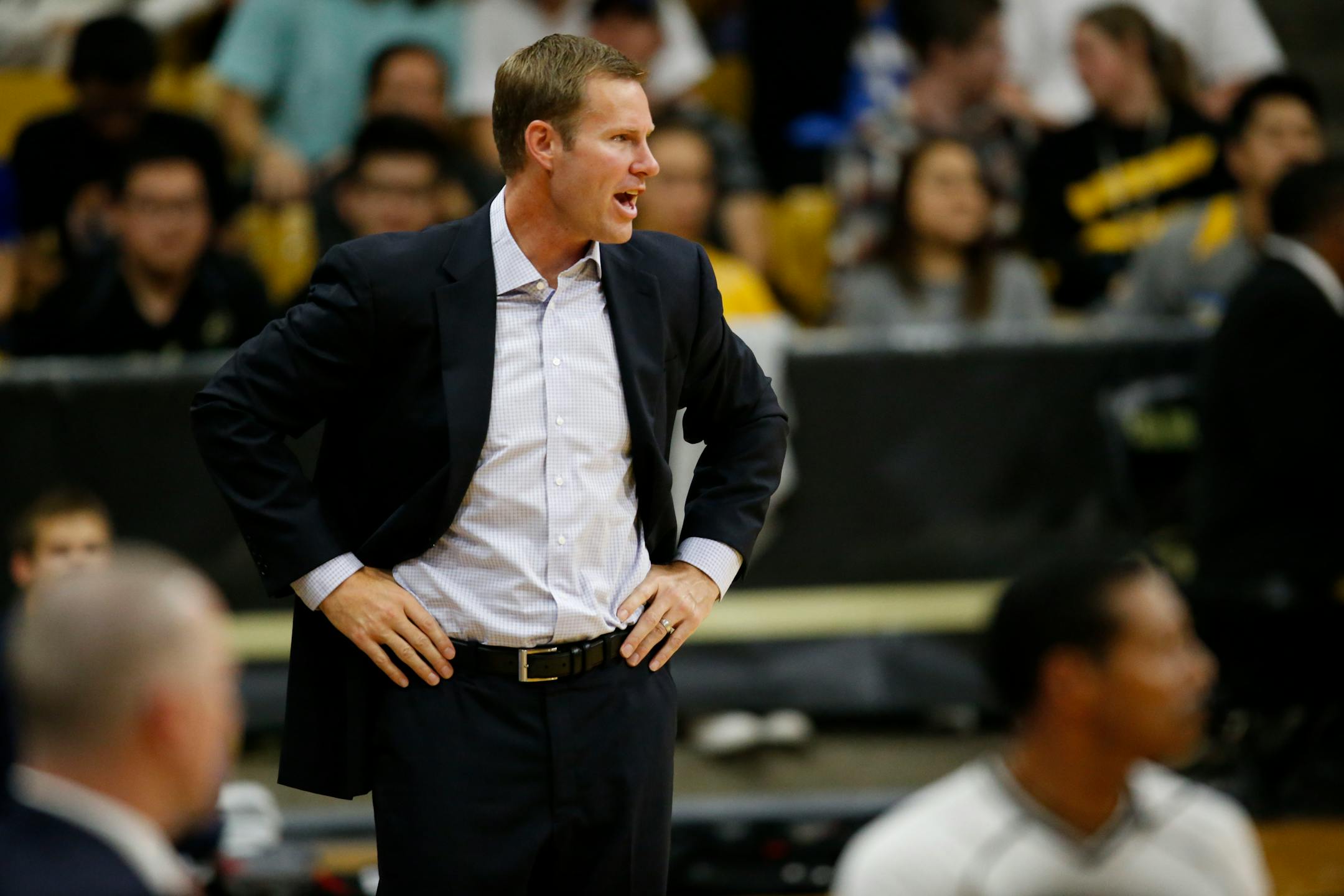 Chicago Bulls head coach Fred Hoiberg looks on against the Denver Nuggets in the first half of an NBA preseason basketball game Thursday, Oct. 8, 2015, in Boulder, Colo. (AP Photo/David Zalubowski)