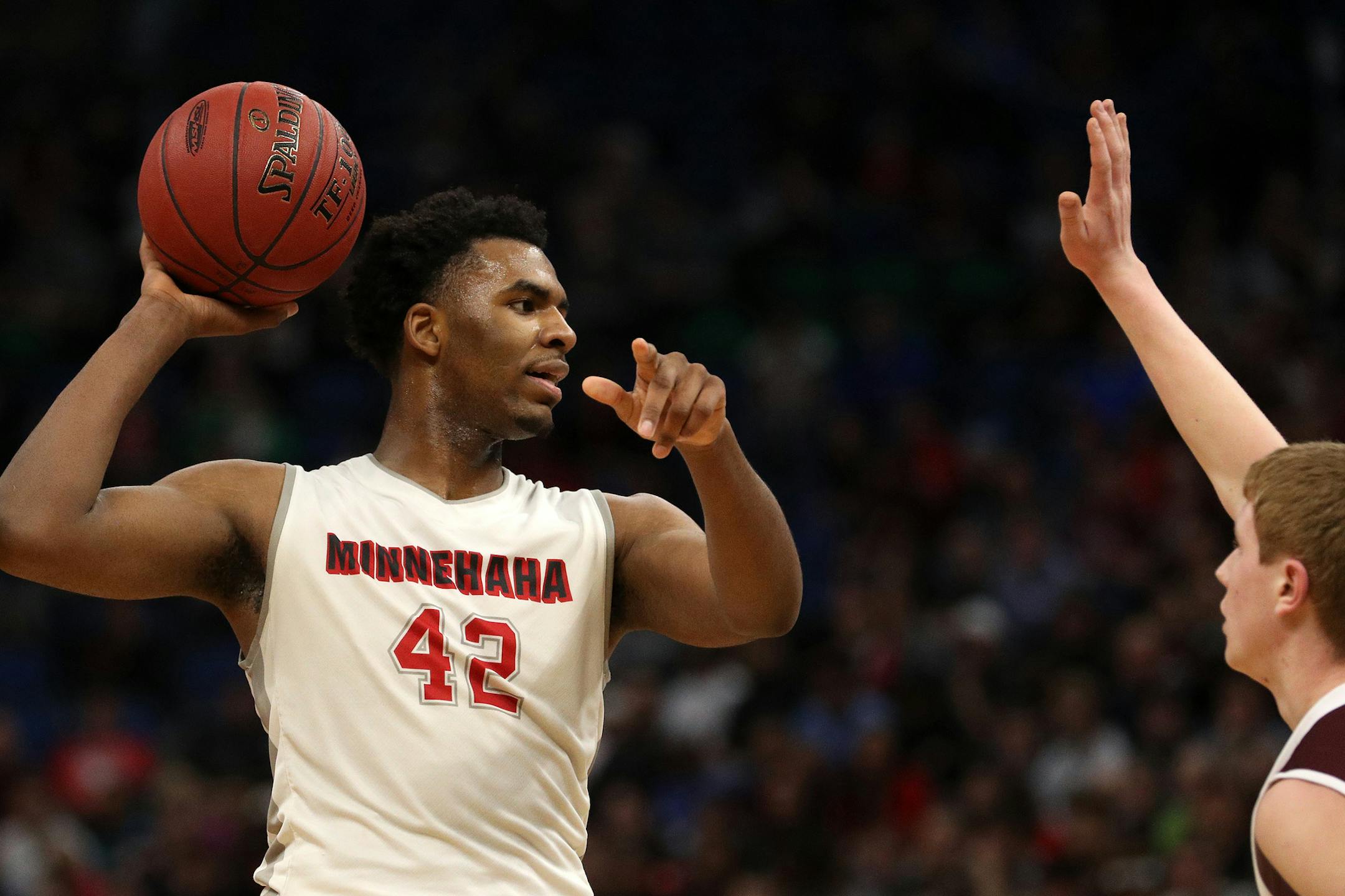 Minnehaha Academy forward JaVonni Bickham (42) looked for an open teammate to pass the ball to in the first half. ] ANTHONY SOUFFLE ï anthony.souffle@startribune.com Players competed during the boys' basketball state tournament Class 2A championship game between Crosby-Ironton High School and Minnehaha Academy Saturday, March 25, 2017 at the Target Center in Minneapolis.