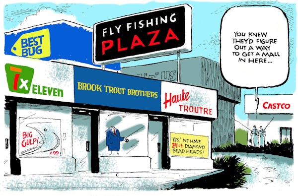 An illustration by Jack Ohman from "An Inconvenient Trout,'' one of his fly fishing books.