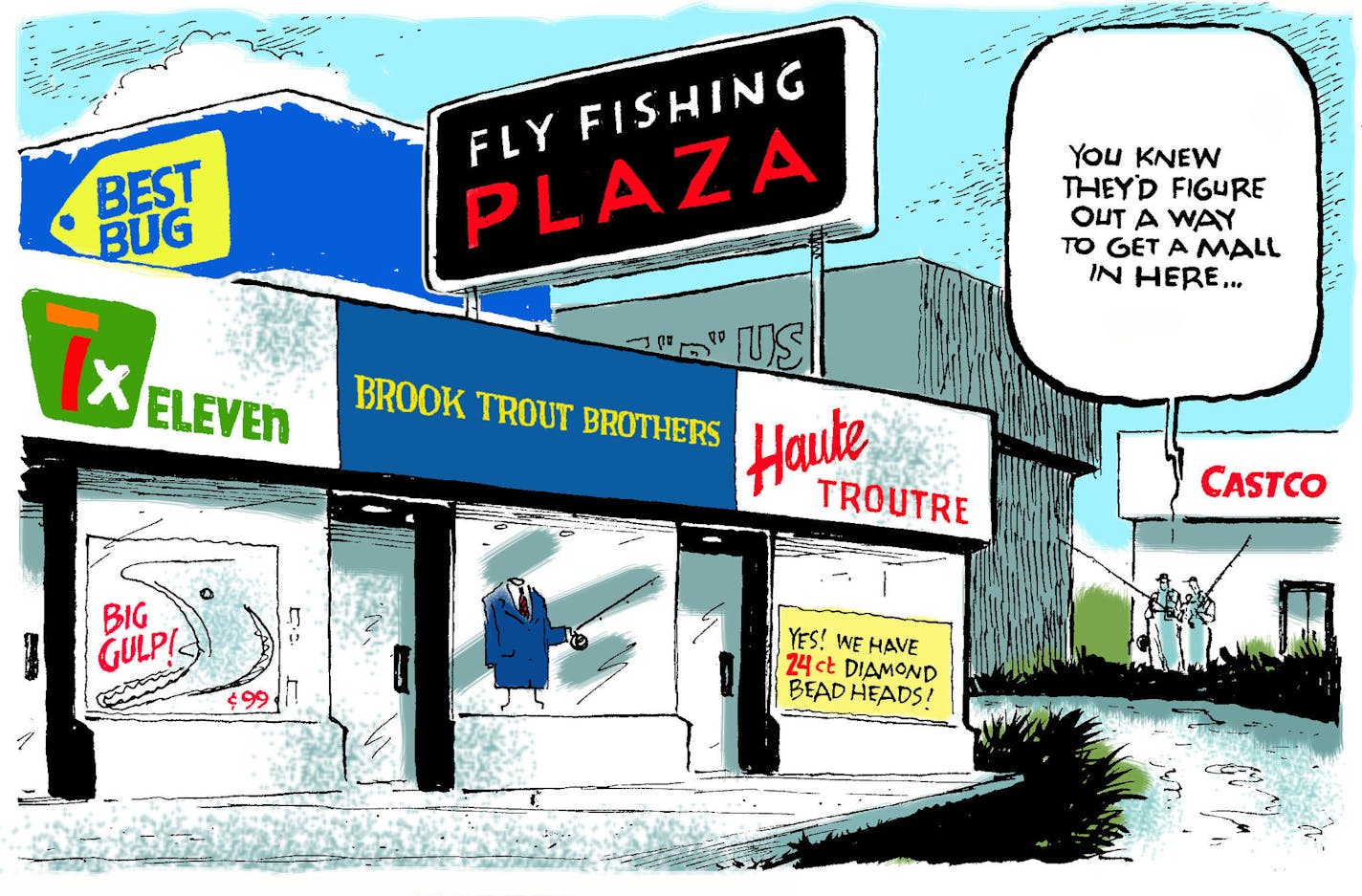 An illustration by Jack Ohman from "An Inconvenient Trout,'' one of his fly fishing books.