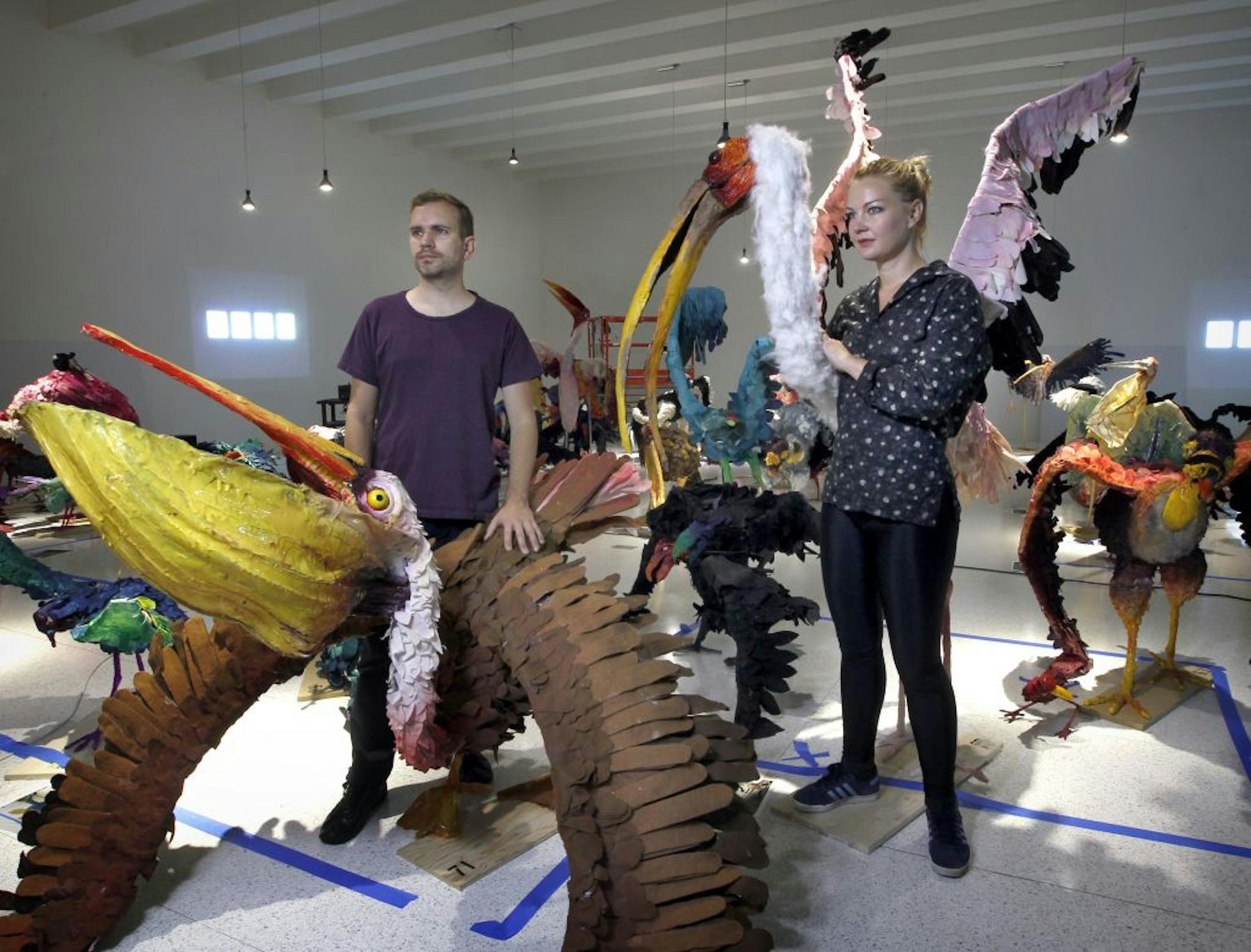 Swedish-born, Berlin-based Nathalie Djurberg and partner Hans Berg installed a colorful parade of "birds" at the Walker Art Center.