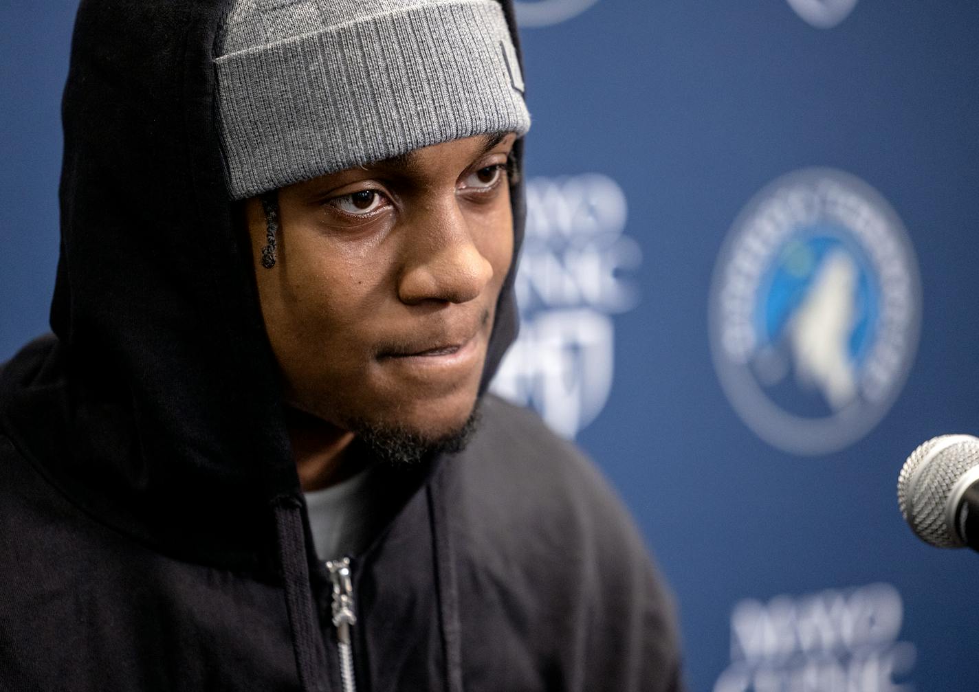 Jaden McDaniels of the Minnesota Timberwolves during an end of season press conference Thursday, April 27, 2023, at Mayo Clinic Square in Minneapolis, Minn. ] CARLOS GONZALEZ • carlos.gonzalez@startribune.com.