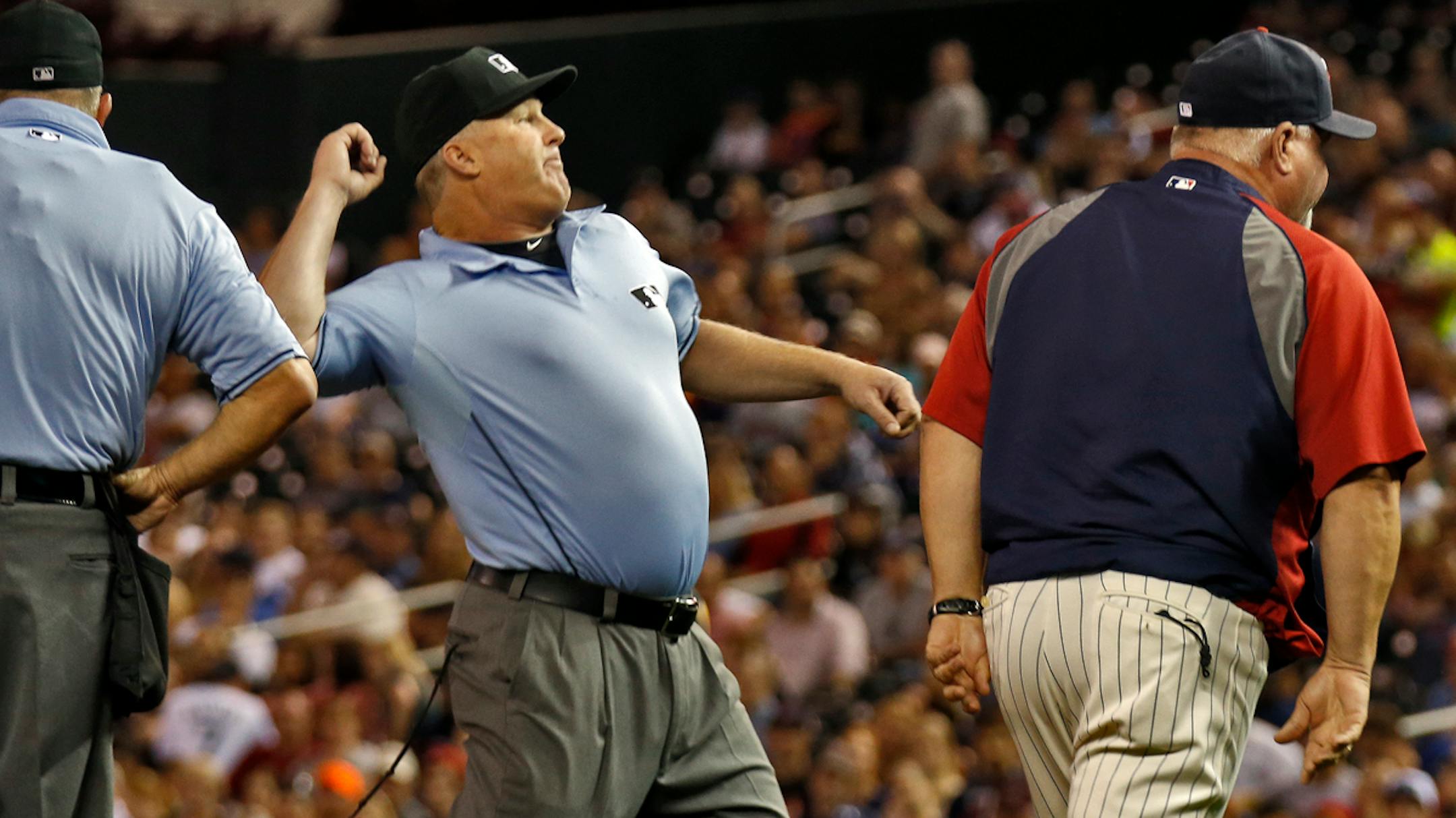 First base umpire Bill Miller ejected Twins manager Ron Gardenhire from the game in the 4th inning after Gardenhire argued a fair ball call down the first base line.