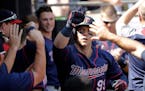 Logan Morrison celebrates his home run off White Sox starting pitcher Lucas Giolito, in the seventh inning
