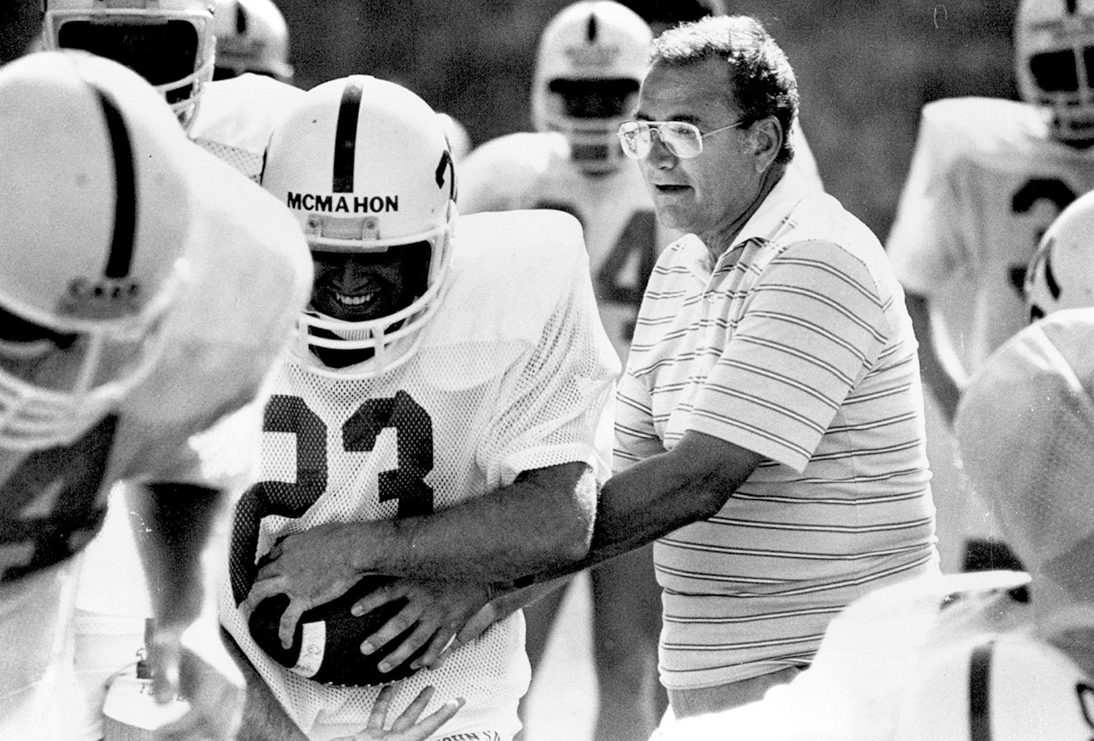 St. John's coach John Gagliardi participated in a handoff drill in September of 1987.