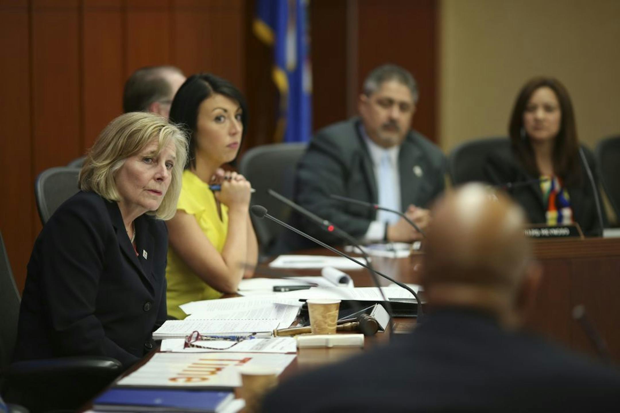 Susan Haigh, Chair of the Metropolitan Council, left, listened to comments by council member Gary Cunningham, moments before she called for a vote on the project during the Metropolitan Council's meeting Wednesday afternoon.