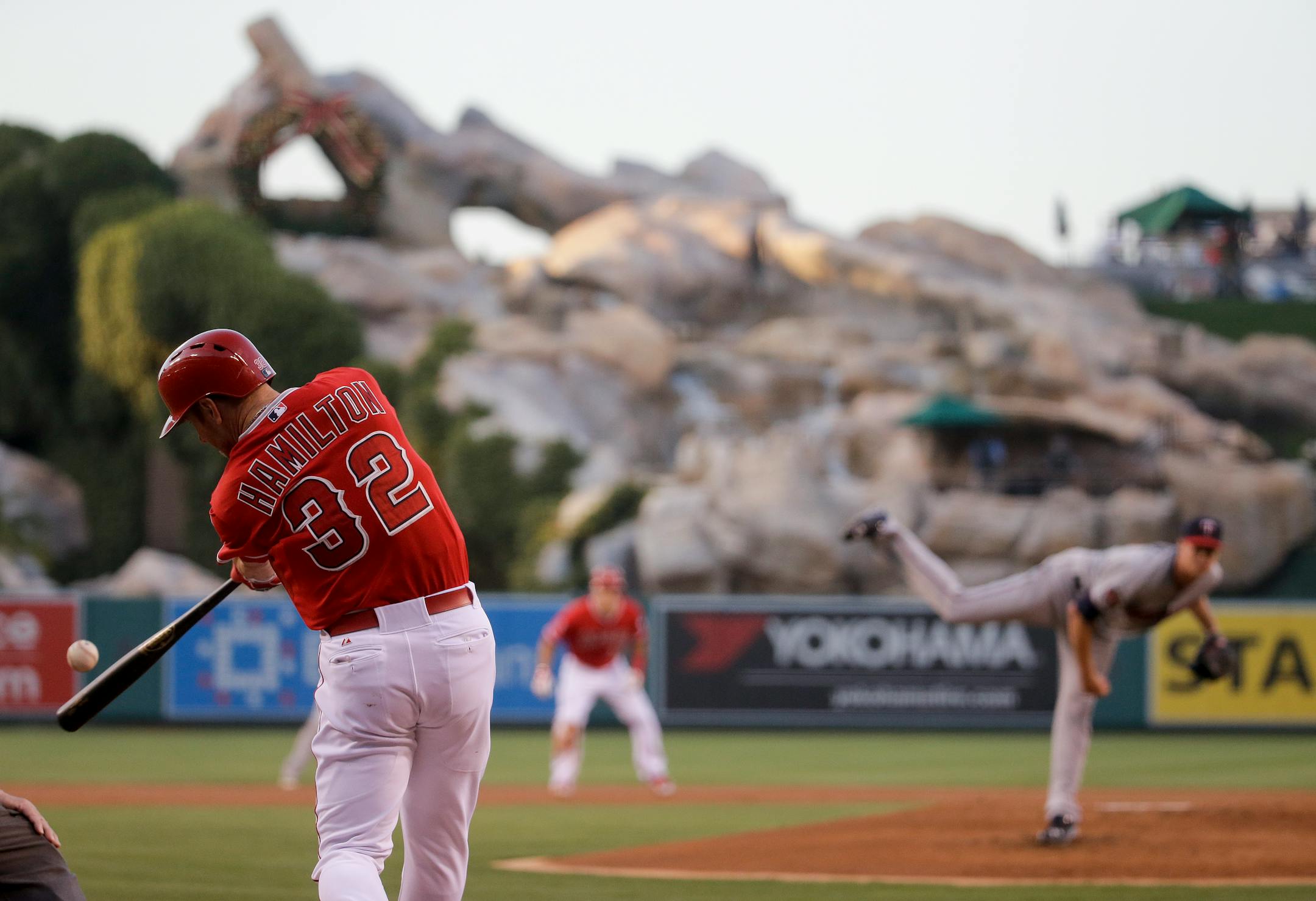 The Angels' Josh Hamilton connected for a two-run single off Twins starter Kyle Gibson in the first inning Tuesday night in Anaheim, Calif. The Angels beat the Twins 8-6.