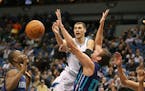 Minnesota Timberwolves guard Zach LaVine (8) was fouled by Charlotte Hornets forward Spencer Hawes (00) in the second half at Target Center Tuesday No