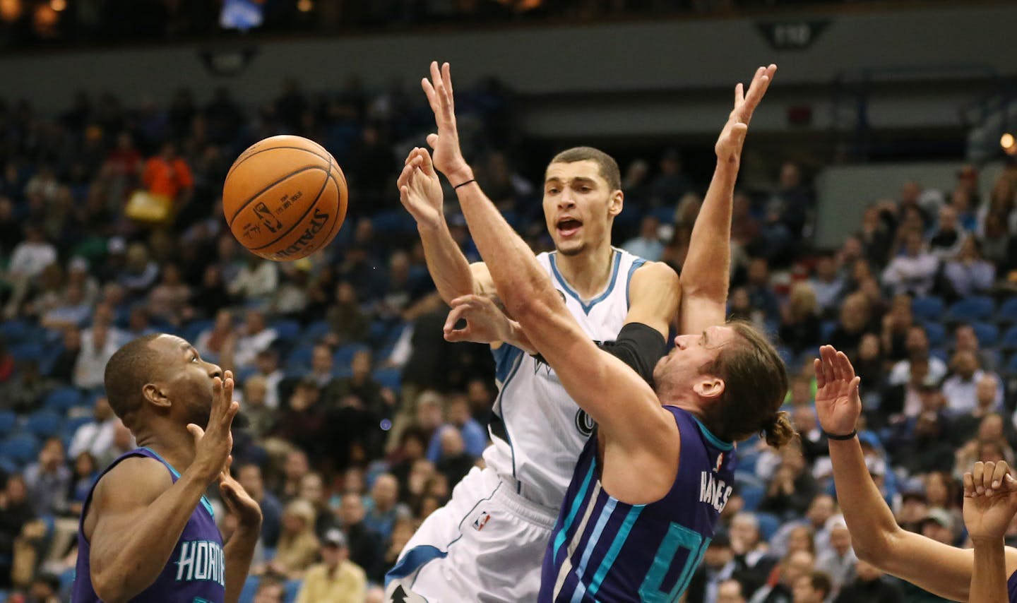 Minnesota Timberwolves guard Zach LaVine (8) was fouled by Charlotte Hornets forward Spencer Hawes (00) in the second half at Target Center Tuesday November 10, 2015 in Minneapolis, MN. ] The Minnesota Timberwolves loss 104-95 to the Charlotte Hornets Tuesday night at Target Center. Jerry Holt/ Jerry.Holt@Startribune.com