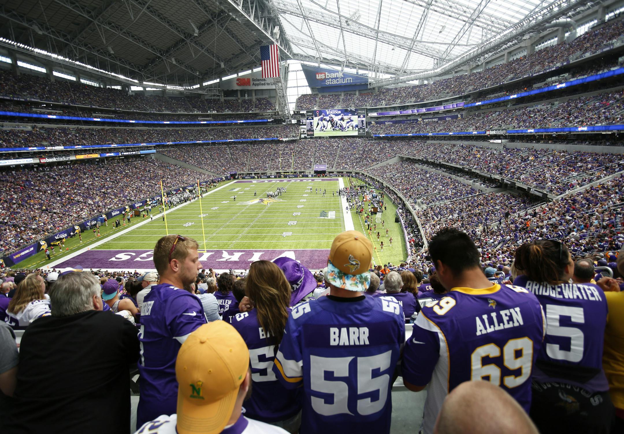 Fans watch in U.S. Bank Stadium during the second half of an NFL preseason football game between the Minnesota Vikings and the San Diego Chargers Sunday, Aug. 28, 2016, in Minneapolis. (AP Photo/Andy Clayton-King) ORG XMIT: MNCN1