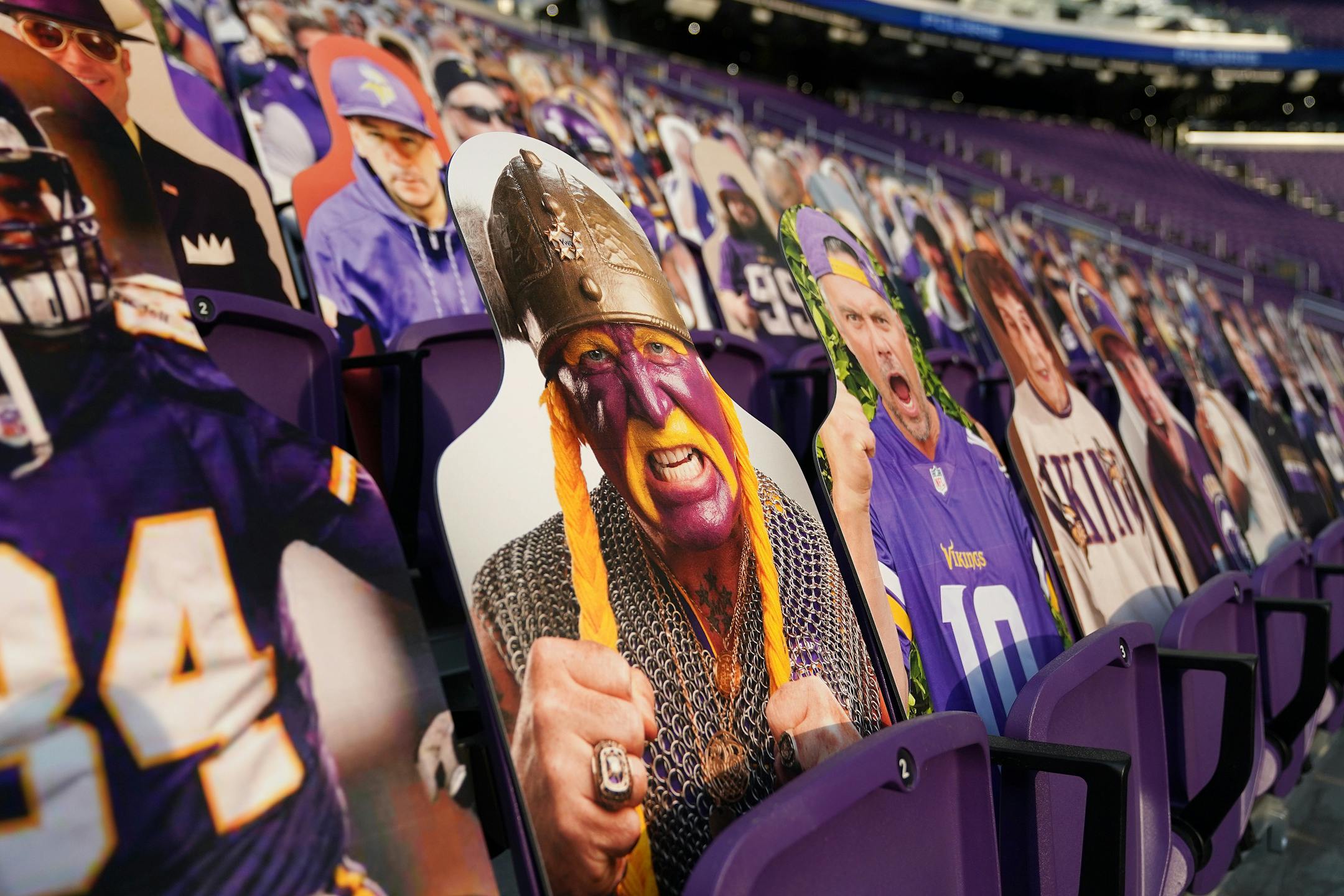 A cardboard cutout of Minnesota Vikings super fan Syd Davy sat among the others behind the west end zone as the Minnesota Vikings prepared to play the Chicago Bears sans fans to comply with state regulations meant to slow the spread of COVID-19.