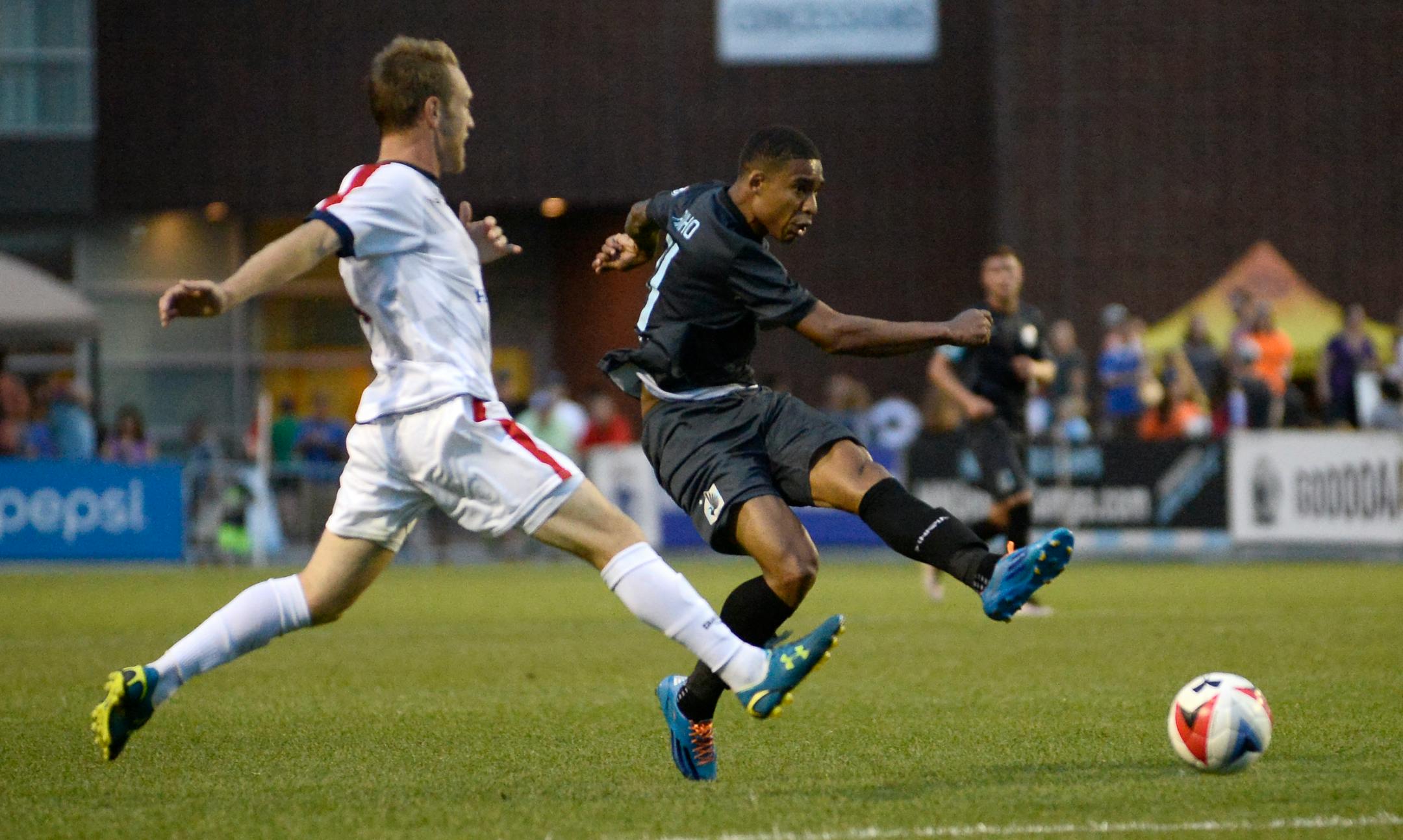 A knee injury suffered by Minnesota United FC forward Stefano Pinho (right) last Saturday won't wipe out his fall season. Pinho, the reigning North American Soccer League most valuable player, was taken off the field on a stretcher in the 29th minute after a collision with a Miami FC player.