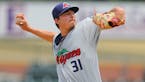 Ft. Myers Miracle starting pitcher Jordan Balazovic (31) throws in the sixth inning of a baseball game against the Palm Beach Cardinals at Roger Dean 