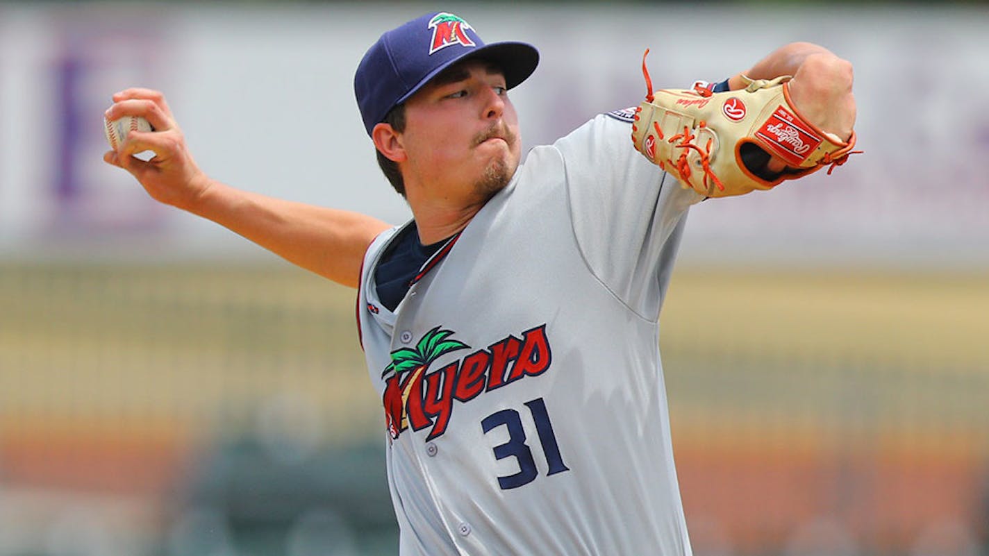 Ft. Myers Miracle starting pitcher Jordan Balazovic (31) throws in the sixth inning of a baseball game against the Palm Beach Cardinals at Roger Dean Chevrolet Stadium in Jupiter, Fla., Sunday, May 5, 2019. (Gordon Donovan) ORG XMIT: Roger Dean Chevrolet Stadium