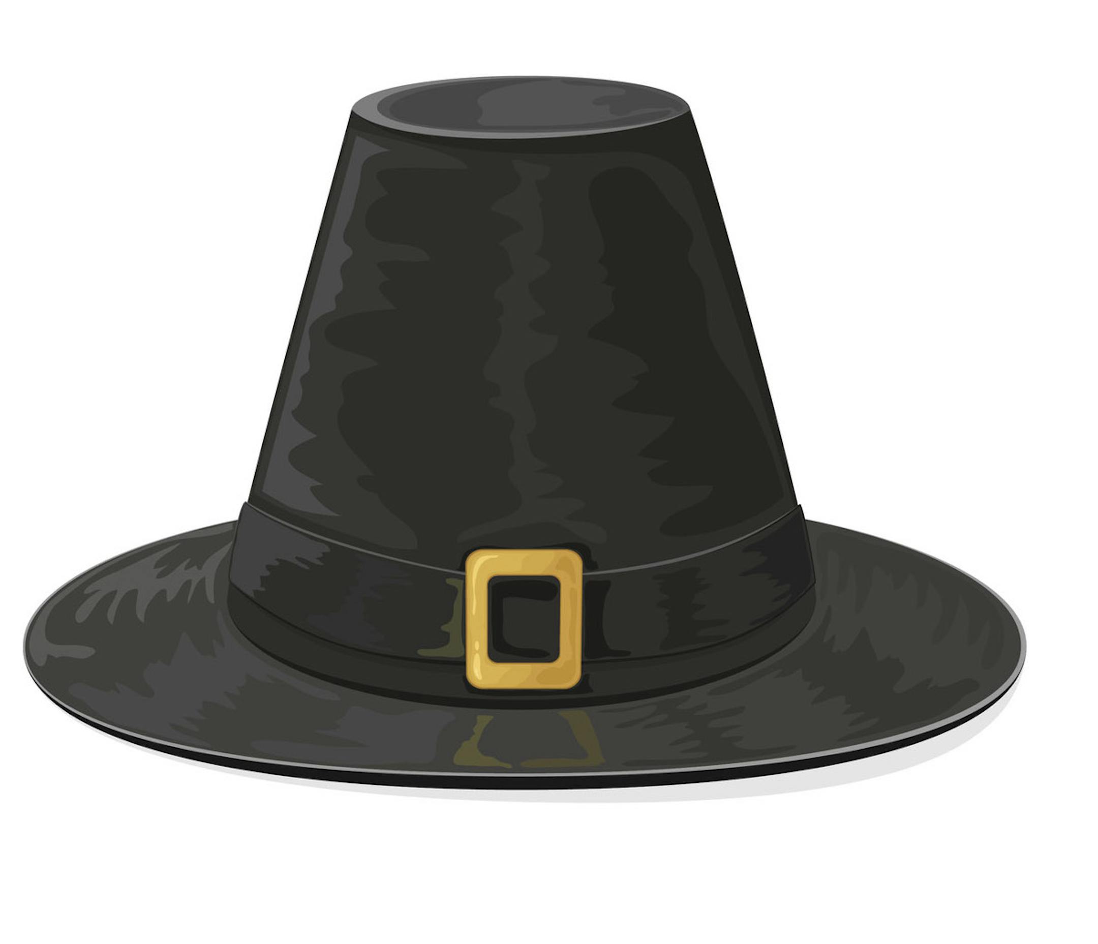 Happy Thanksgiving day theme, black pilgrims hat with golden buckle, icon isolated on white background, illustration.