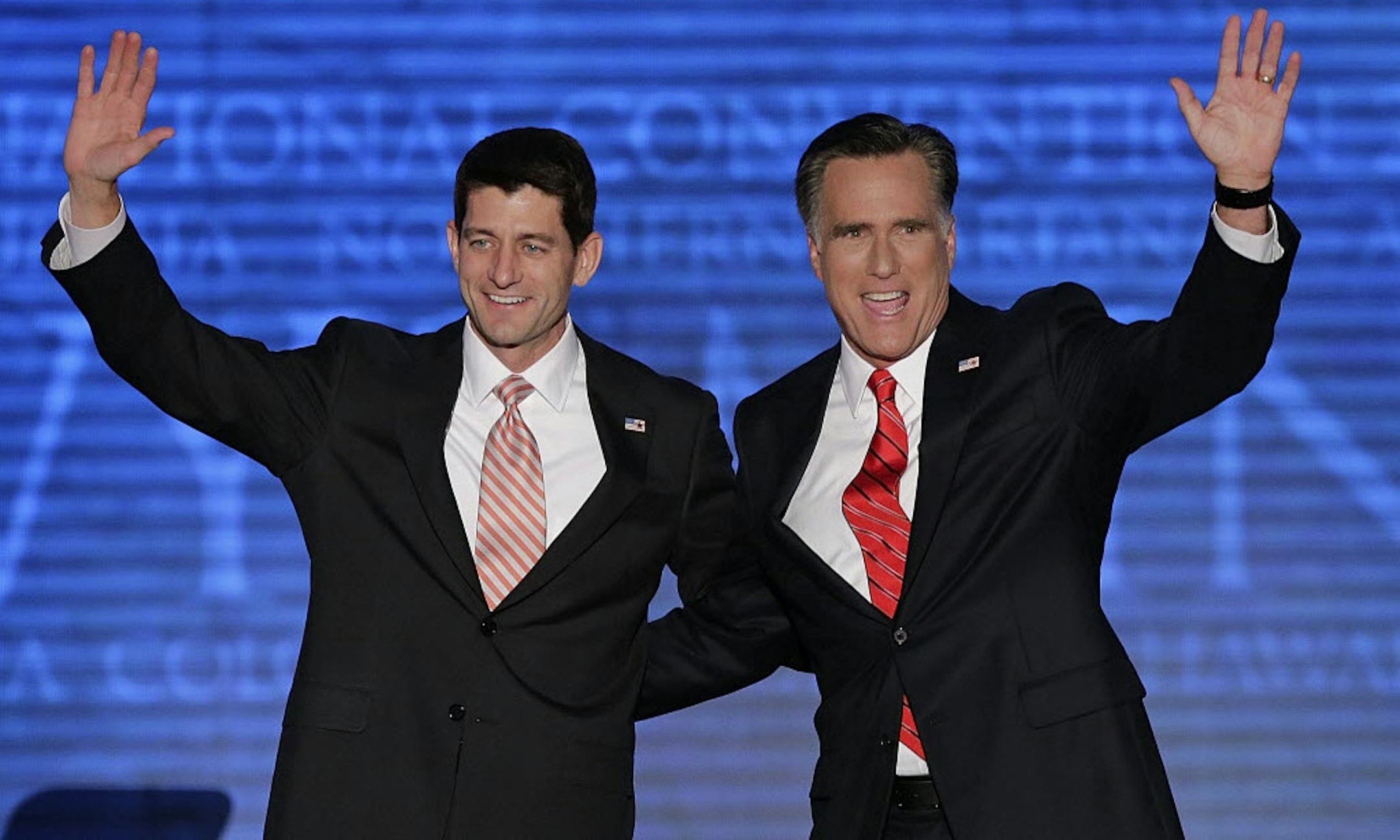 Mitt Romney and Paul Ryan wave to the delegation at the 2012 Republican National Convention.