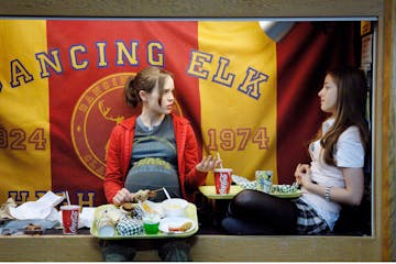 Ellen Page, left, plays a pregnant teen in "Jun," a comic drama scripted by Diablo Cody. Olivia Thirlby, right, co-stars.