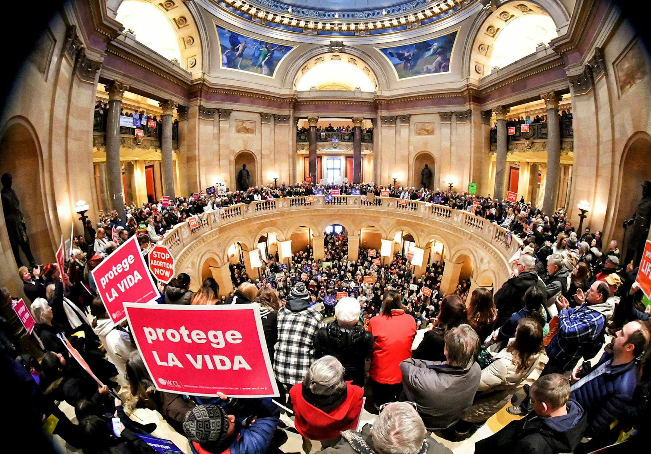 Over one thousand people showed up from around Minnesota as Minnesota Citizens Concerned for Life held a March on the State Capitol commemorating the 45th anniversary of the Roe v. Wade decision. The March for Life had to be moved from the Capitol steps to inside and heavy snow moved through the Twin Cities.