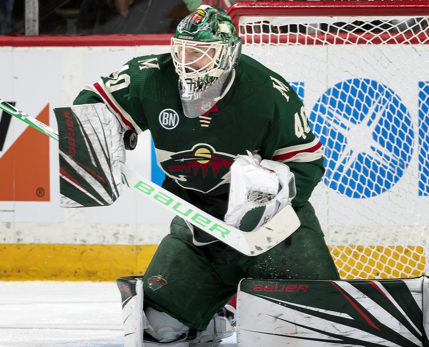 Wild goalie Devan Dubnyk made a save in the second period. ] CARLOS GONZALEZ &#x2022; cgonzalez@startribune.com &#x2013; St. Paul, MN &#x2013; March 25, 2019, Xcel Energy Center, NHL, Hockey, Minnesota Wild vs. Nashville Predators